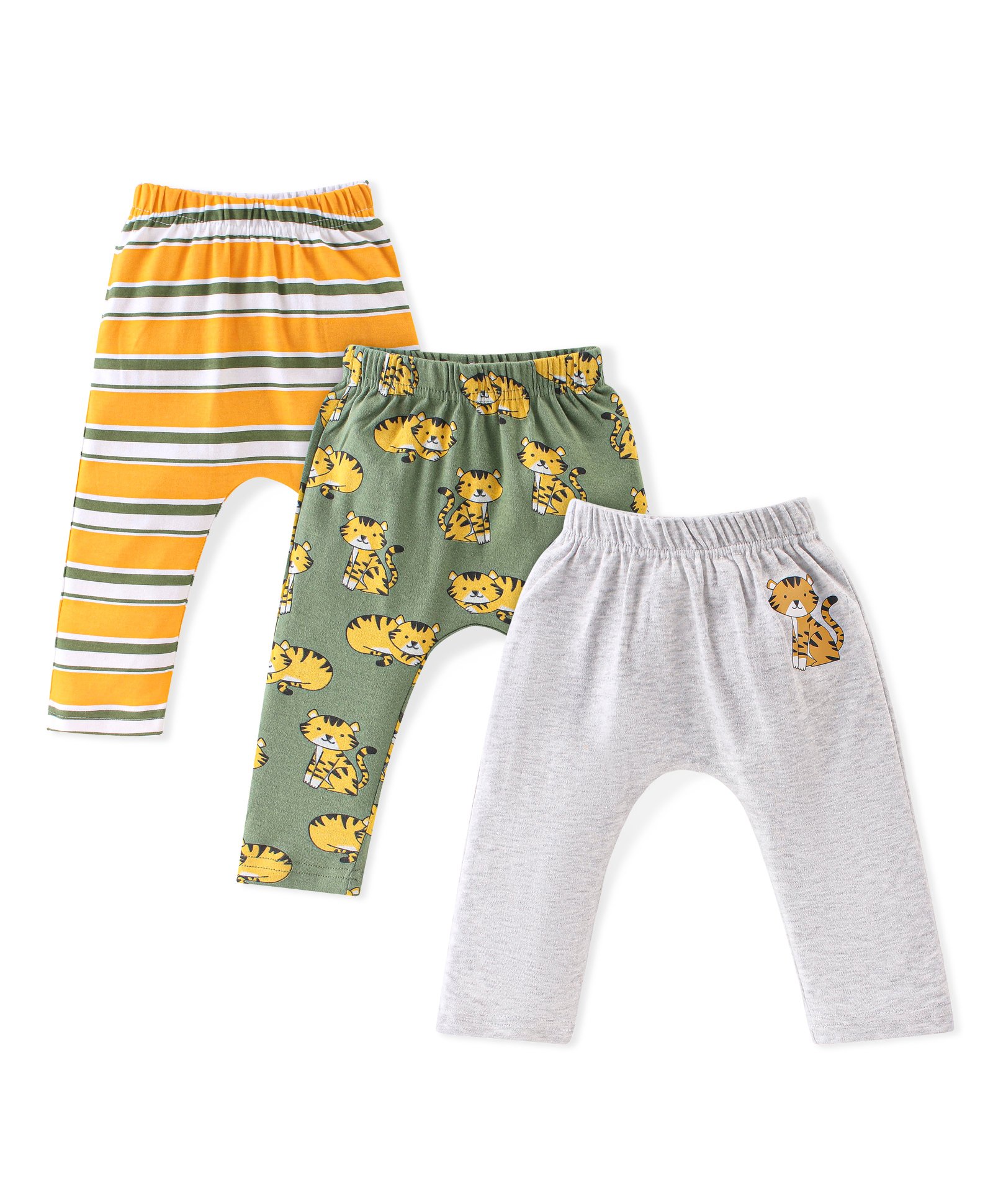 Babyhug Cotton Full Length Diaper Leggings Tiger & Stripes Print Pack Of 3- White Yellow & Green-picture-13