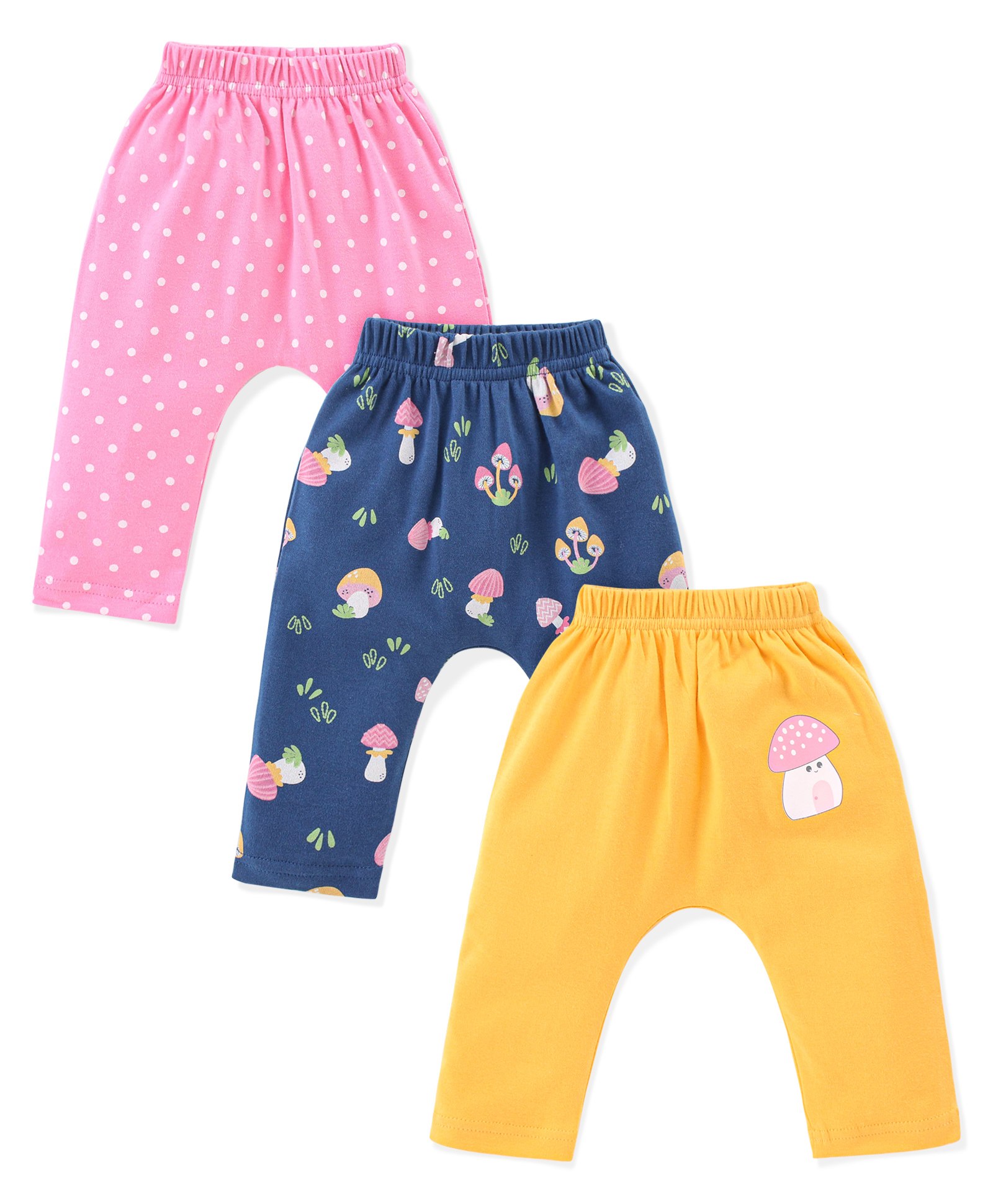Babyhug Cotton Knit Full Length Diaper Leggings Mushroom Printed Pack of 3 - Pink Yellow & Blue-image-49