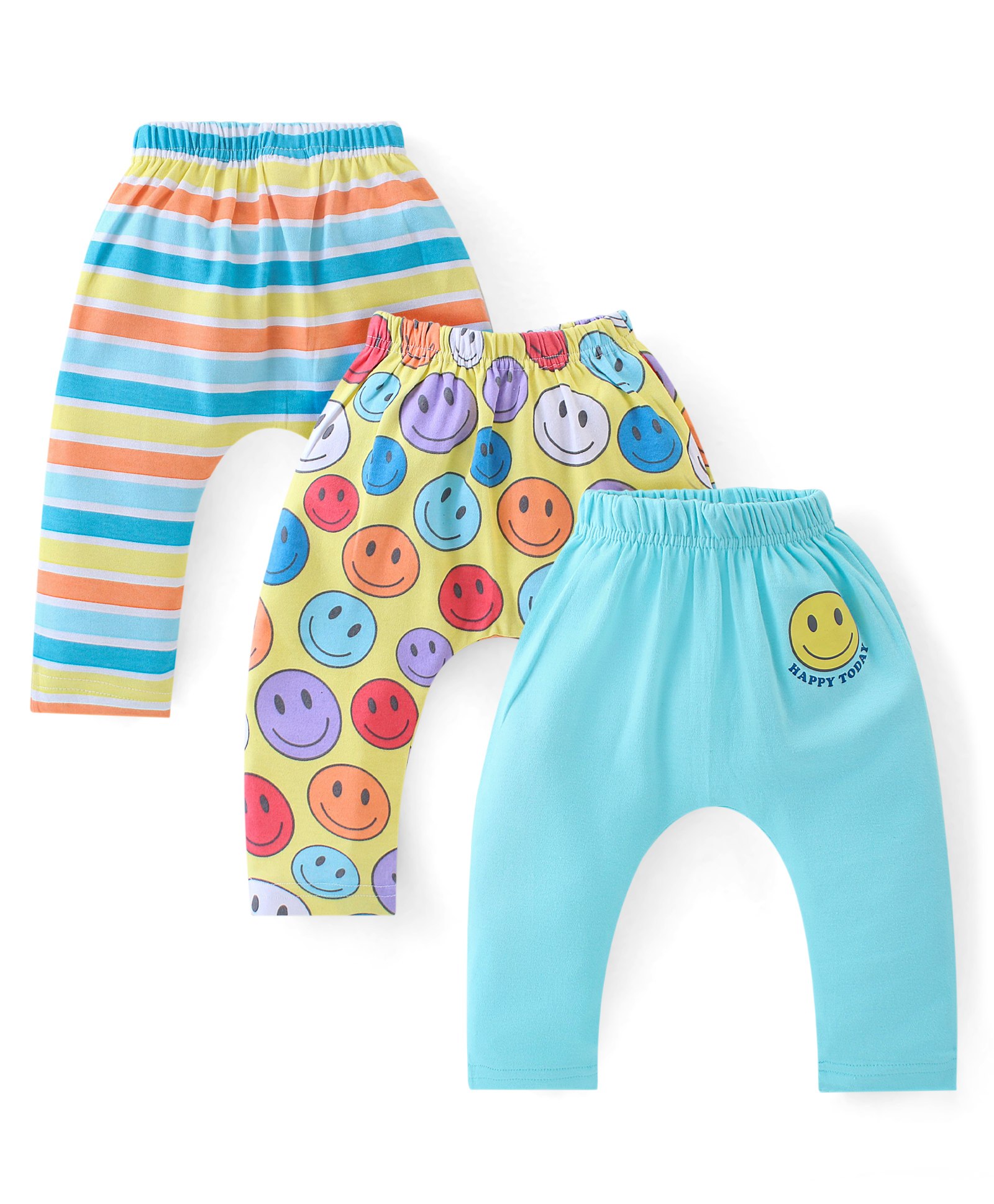 Babyhug Interlock Cotton Knit Stripes & Smiley Printed Diaper Leggings Pack of 3 - Multicolour-image-31