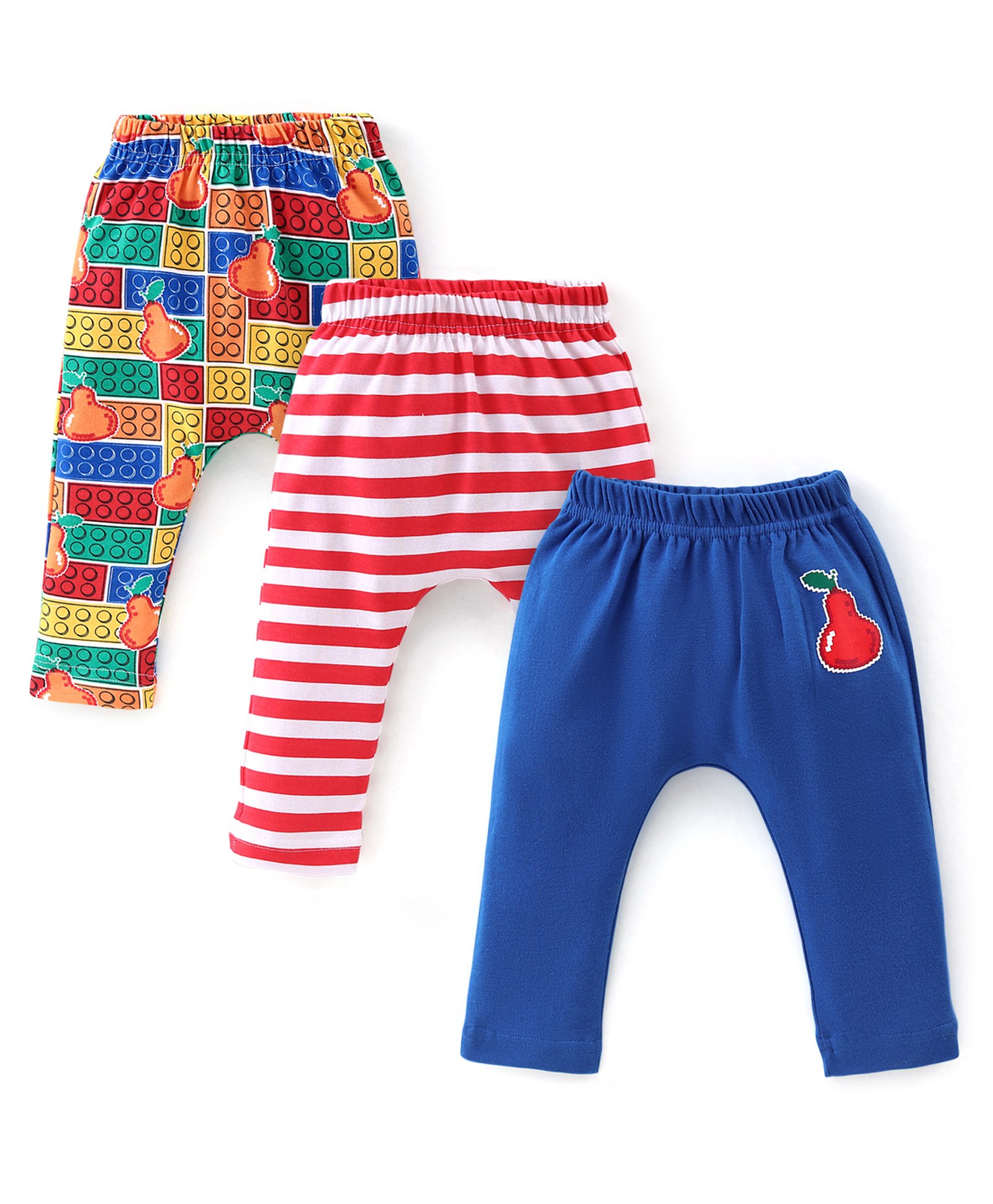 Babyhug Cotton Interlock Knit Full Length Diaper Pant Stripes & Pomegranate Print Pack of 3 - Multicolor-image-49