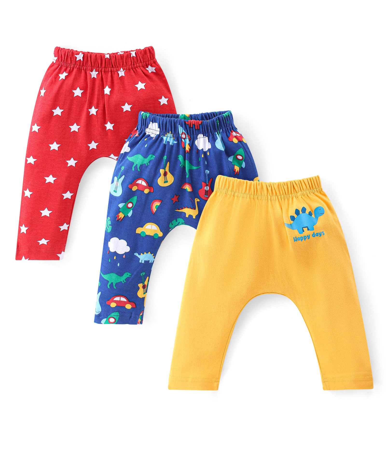 Babyhug Cotton Knit Interlock Full Length Diaper Leggings With Star & Dino Print Pack Of 3 - Yellow Red & Blue-picture-34