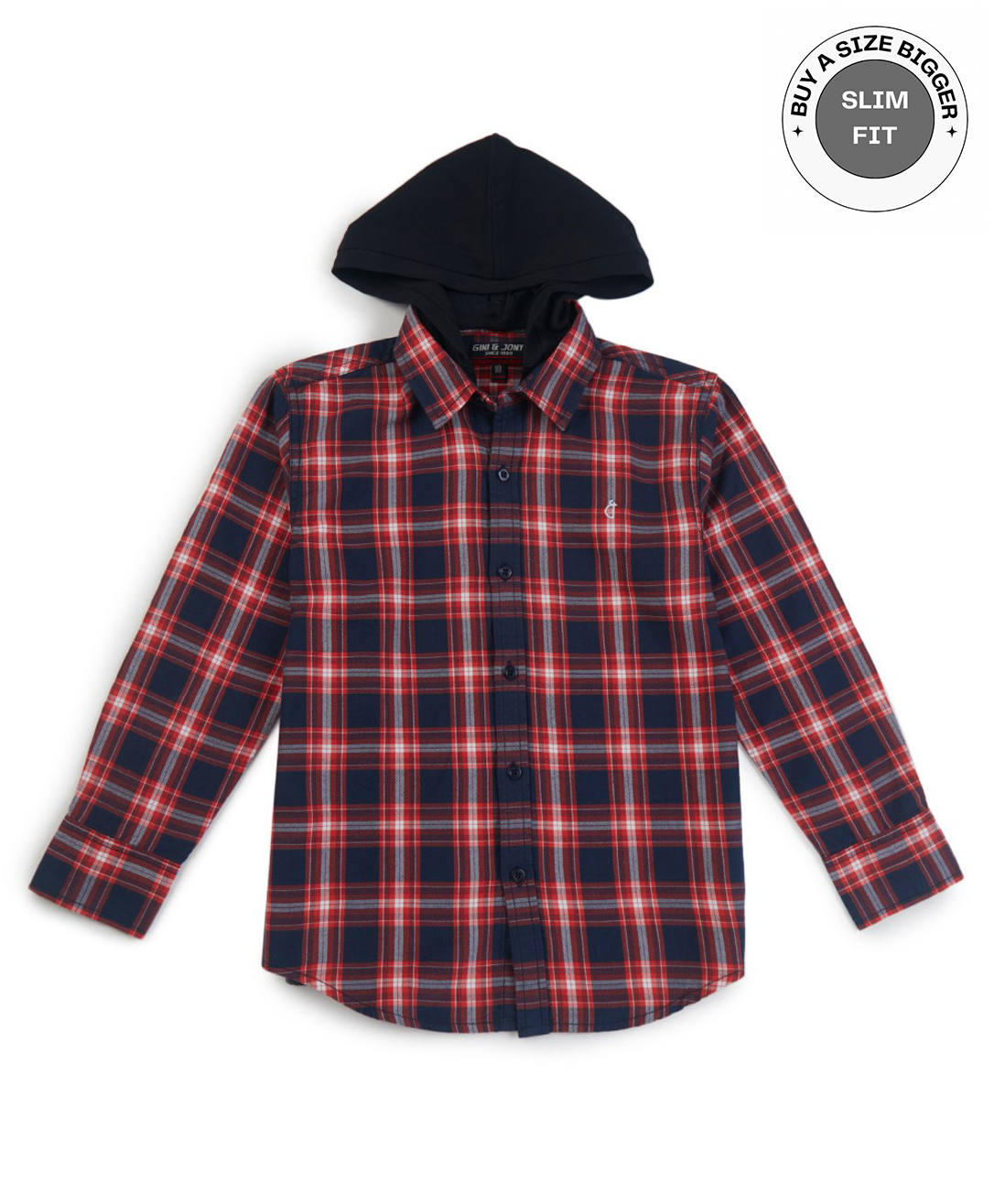 Gini And Jony Full Sleeves Shirt with Detachable Hoodie Checkered - Red & Blue-image-15