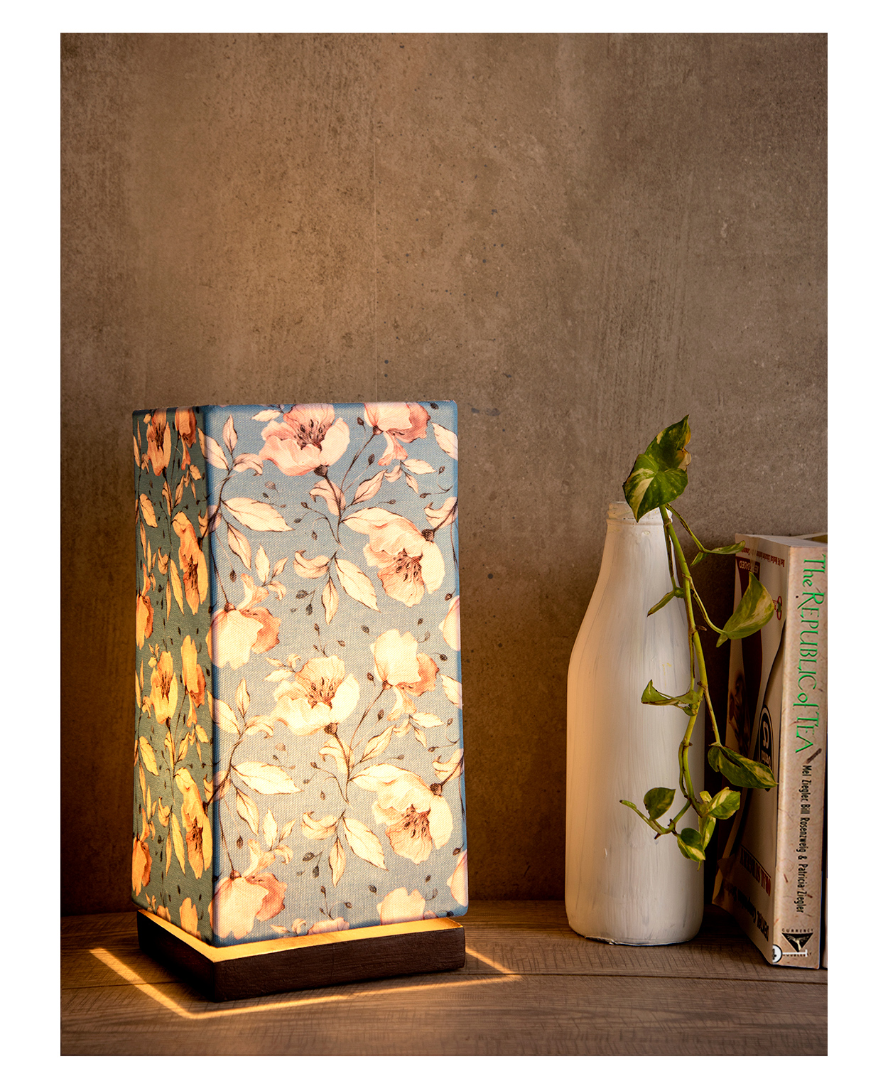 Green Girgit Lamp with Wooden Base Turquoise Floral Print-image-36