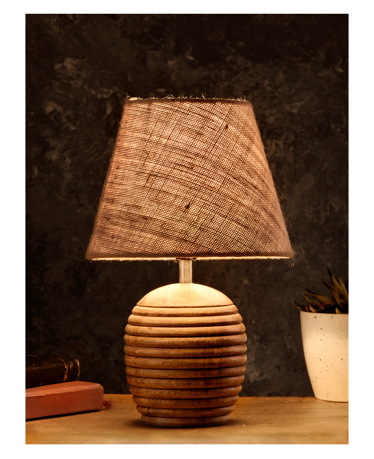 Green Girgit Striped Wooden Brown Lamp with Brown Jute Shade-image-37