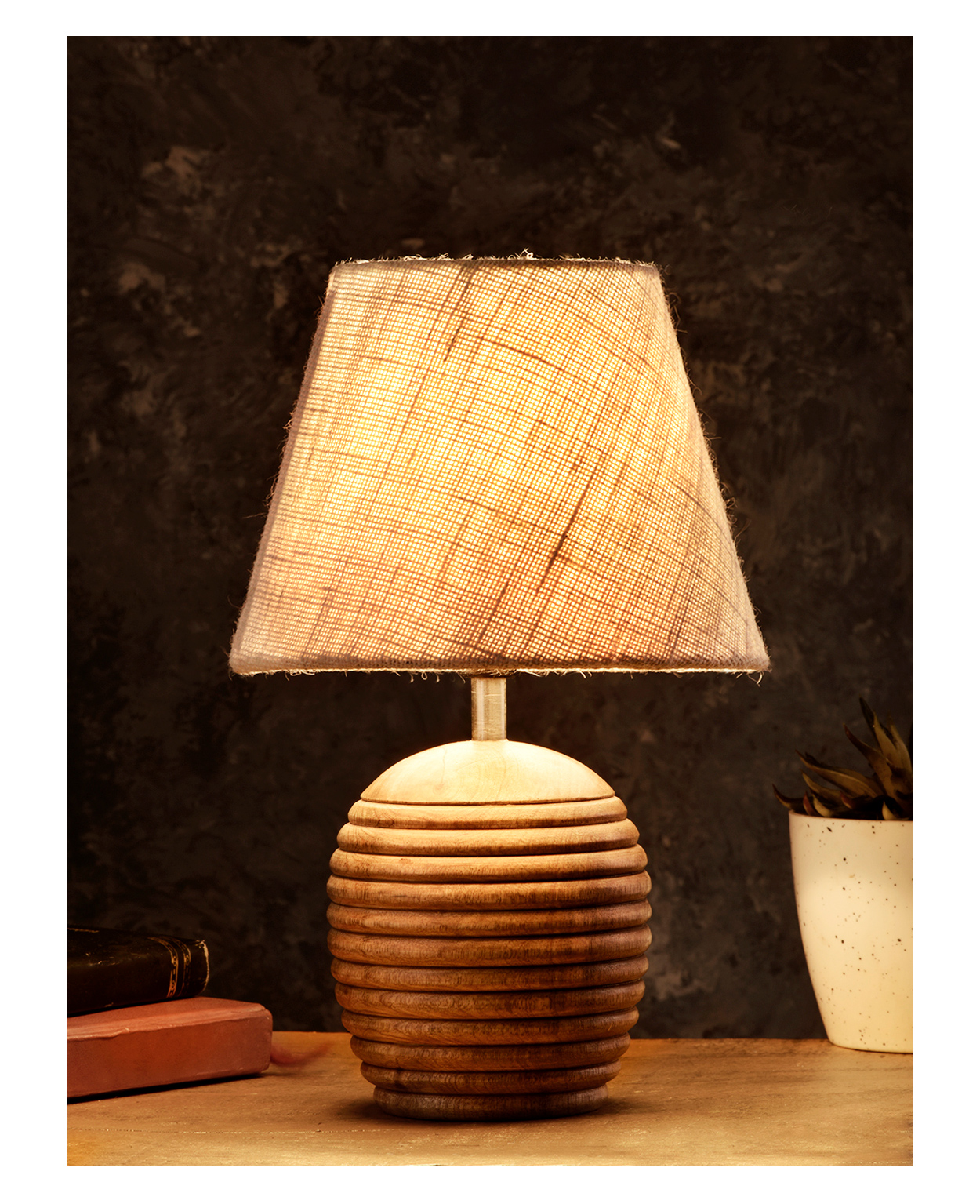 Green Girgit Striped Wooden Brown Lamp with White Jute Shade-image-38