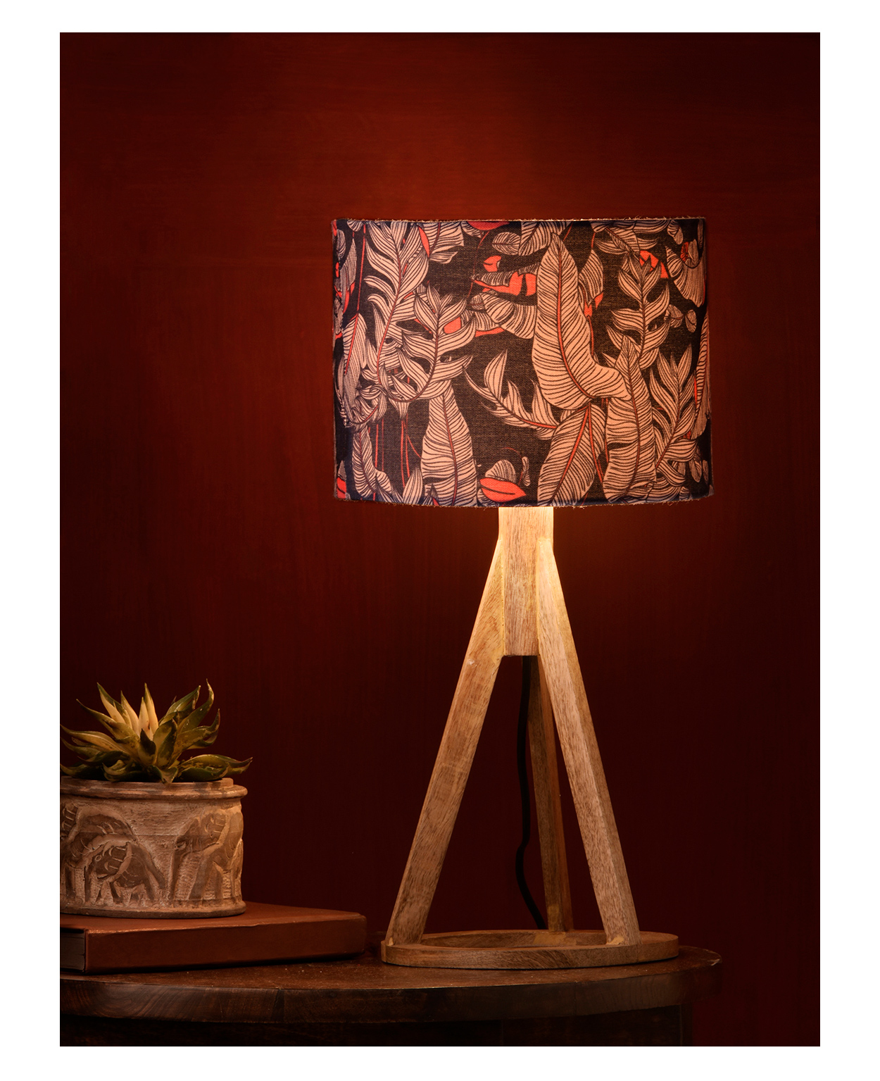 Green Girgit Trio Wooden Lamp - Blue Leaves Print-image-3