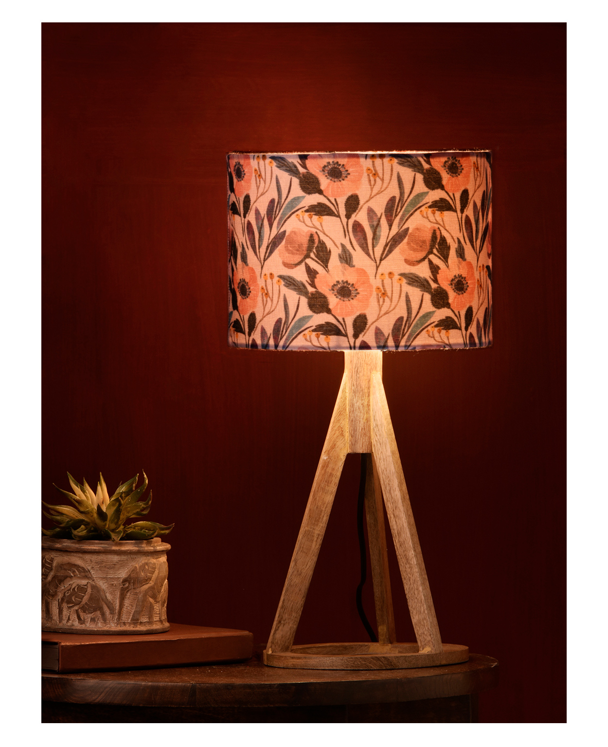 Green Girgit Trio Wooden Lamp Pink Flower Print-image-28