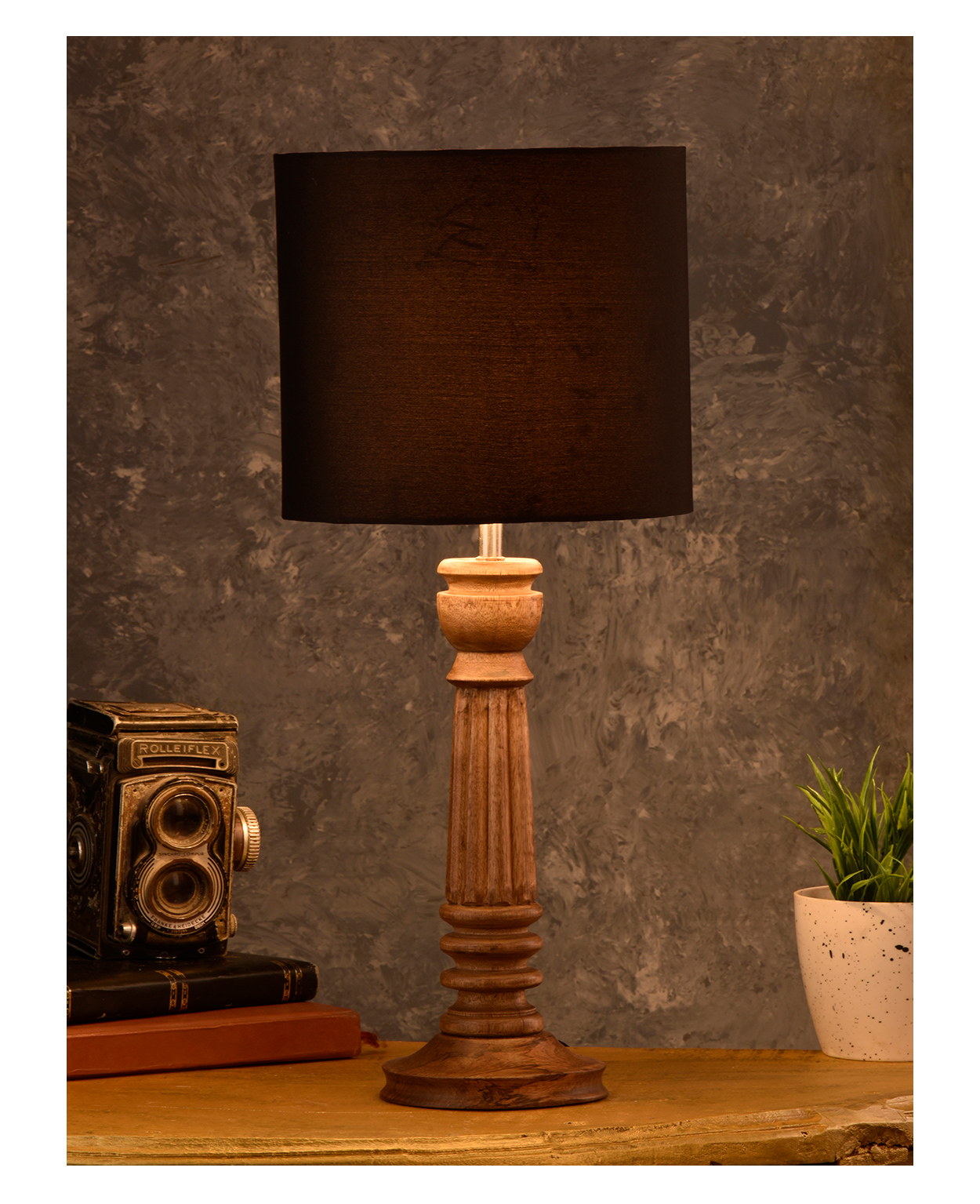 Green Girgit Pillar Brown Lamp with Black Cotton Shade-image-15