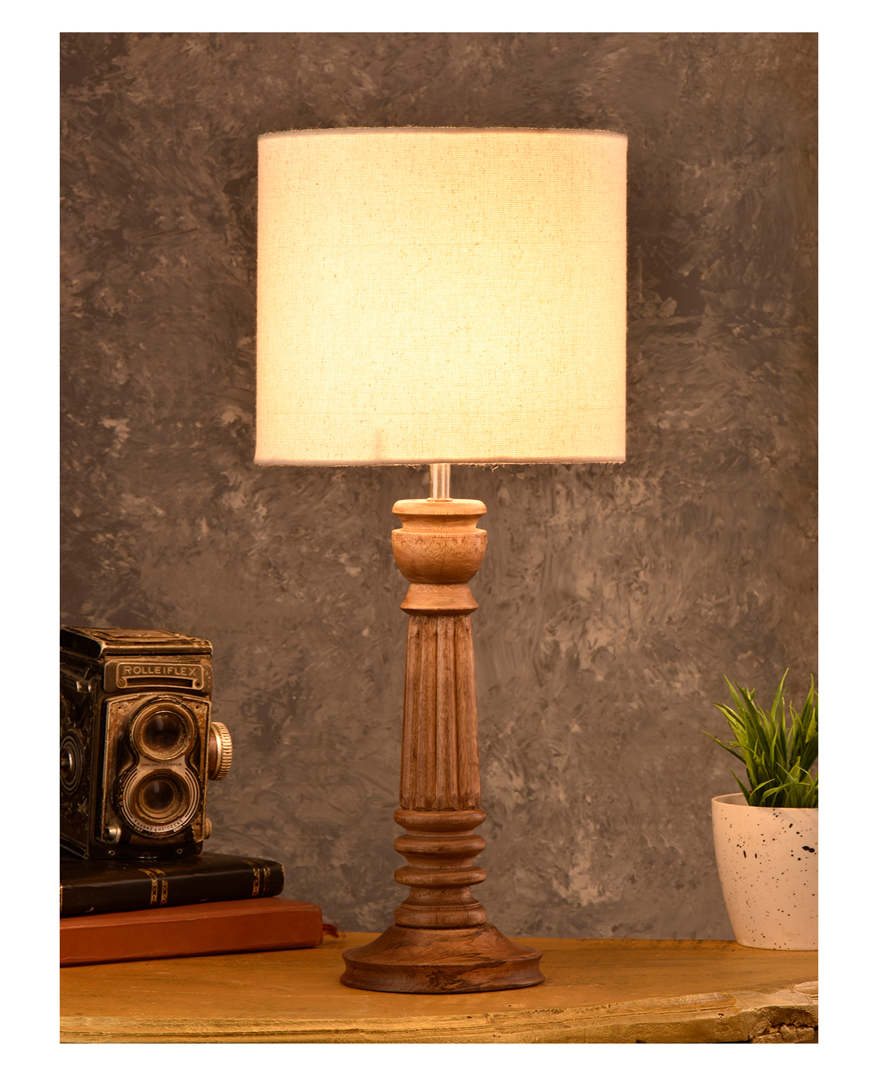 Green Girgit Pillar Brown Lamp with White Cotton Shade-image-24