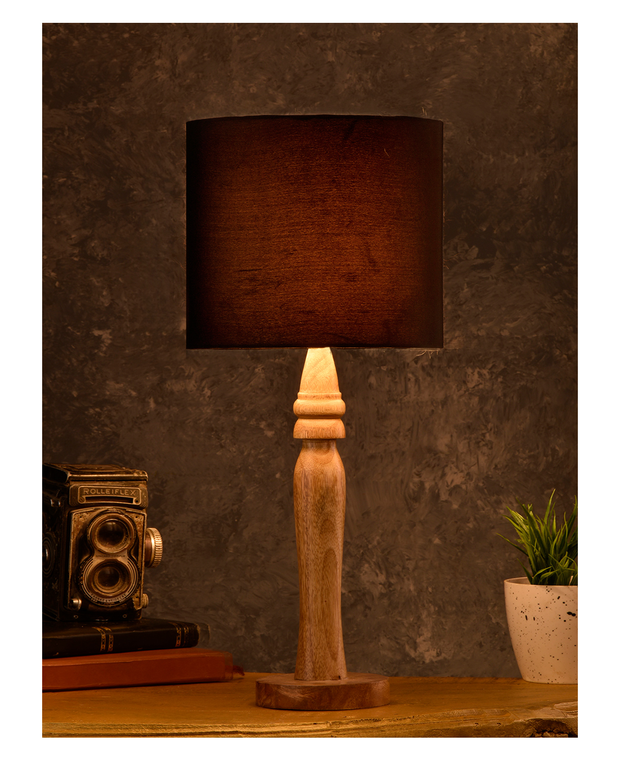 Green Girgit Round Brown Lamp with Black Cotton Shade-image-8