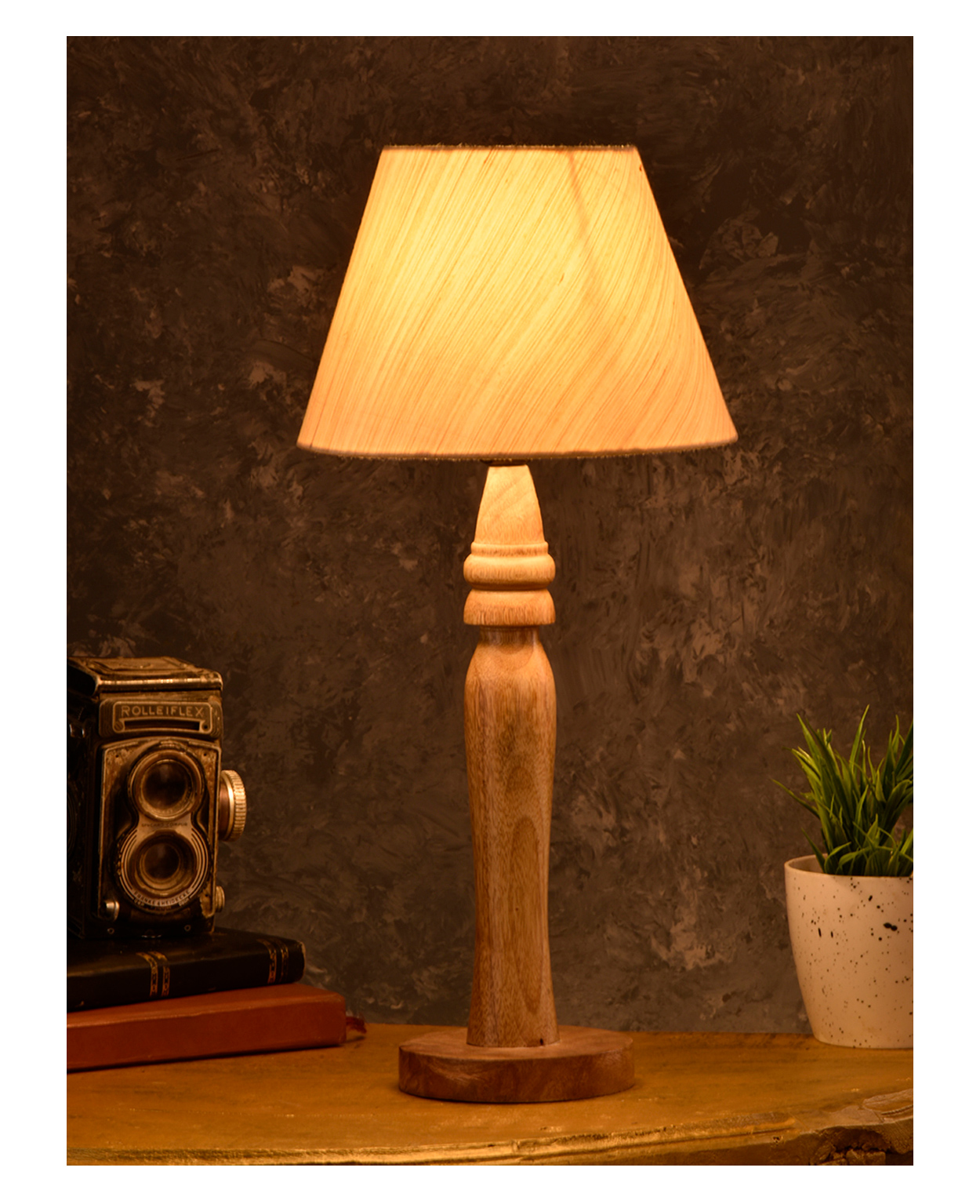 Green Girgit Round Lamp with Taper Off White Cotton Shade - Brown-image-6