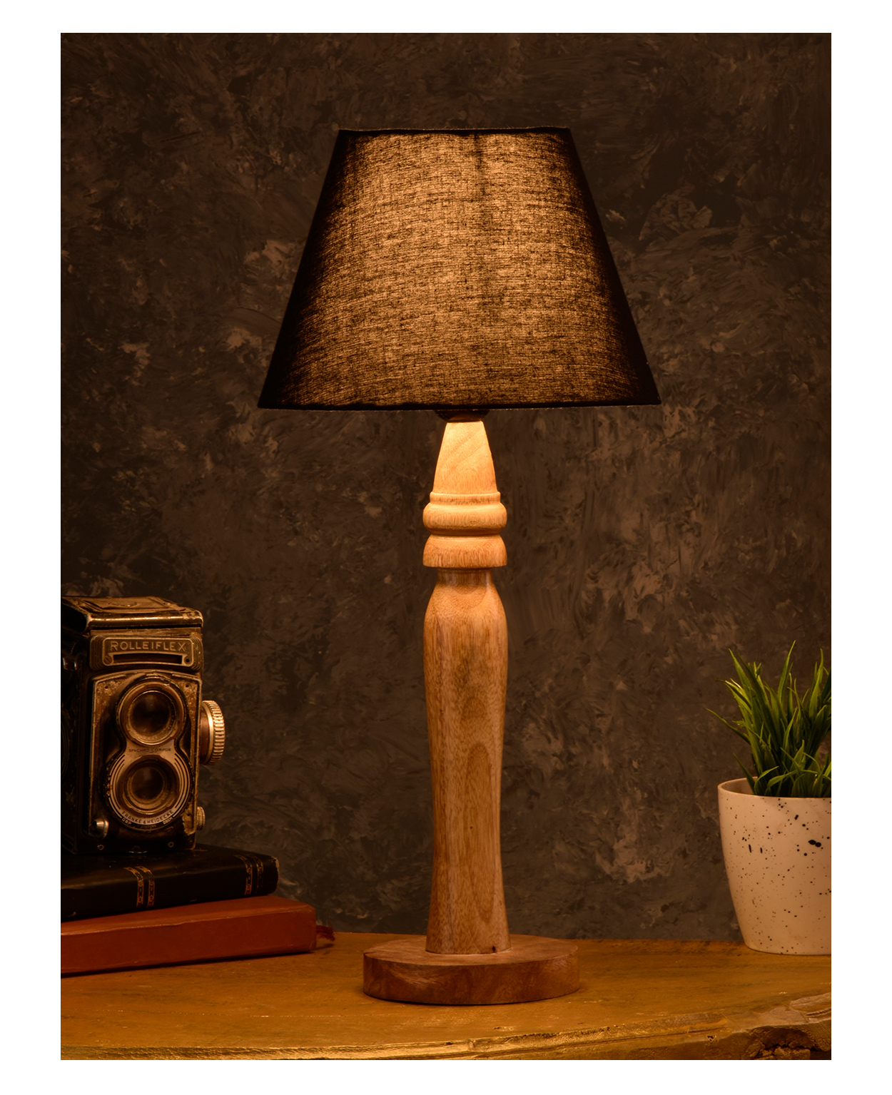 Green Girgit Round Brown Lamp with Taper Black Cotton Shade-image-9