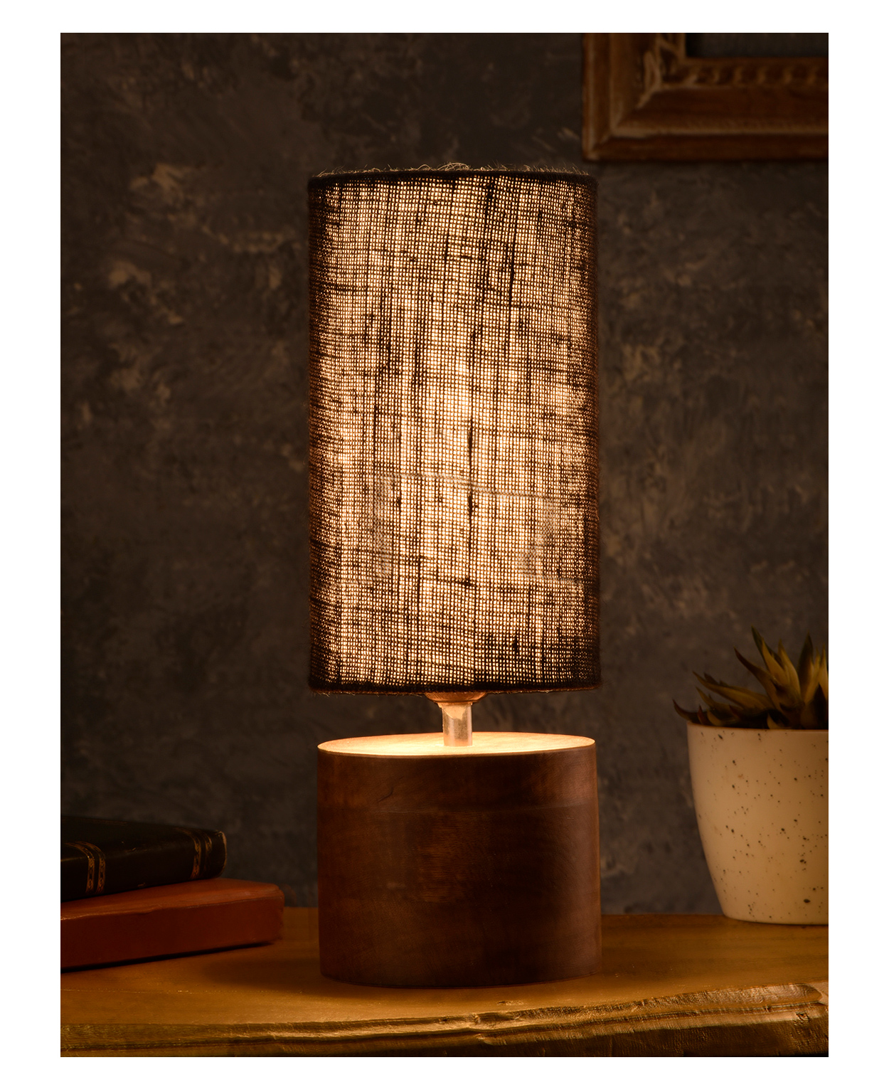 Green Girgit Wooden Log Table Lamp with Black Jute Shade-image-7