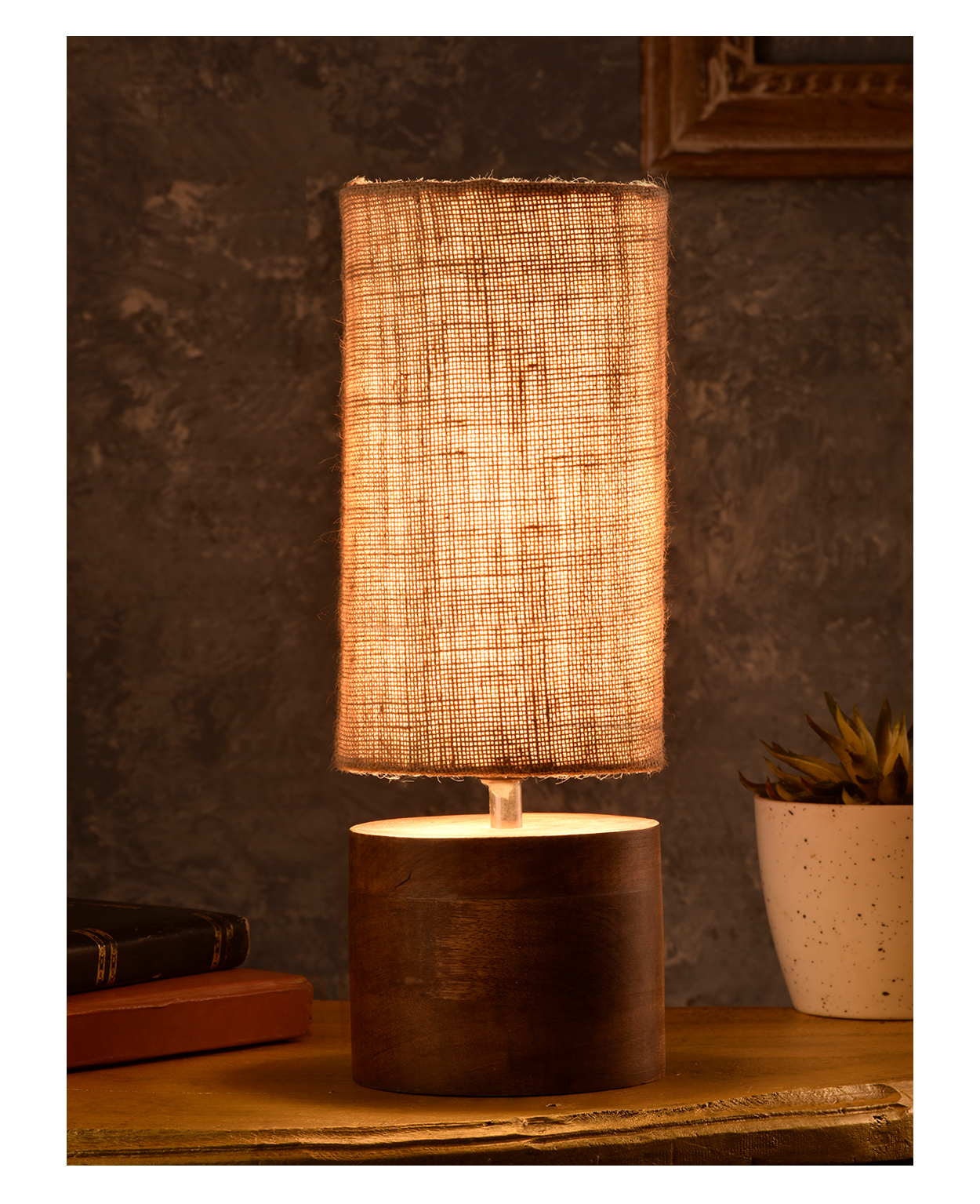 Green Girgit Wooden Log Table Lamp with Brown Jute Shade-image-35
