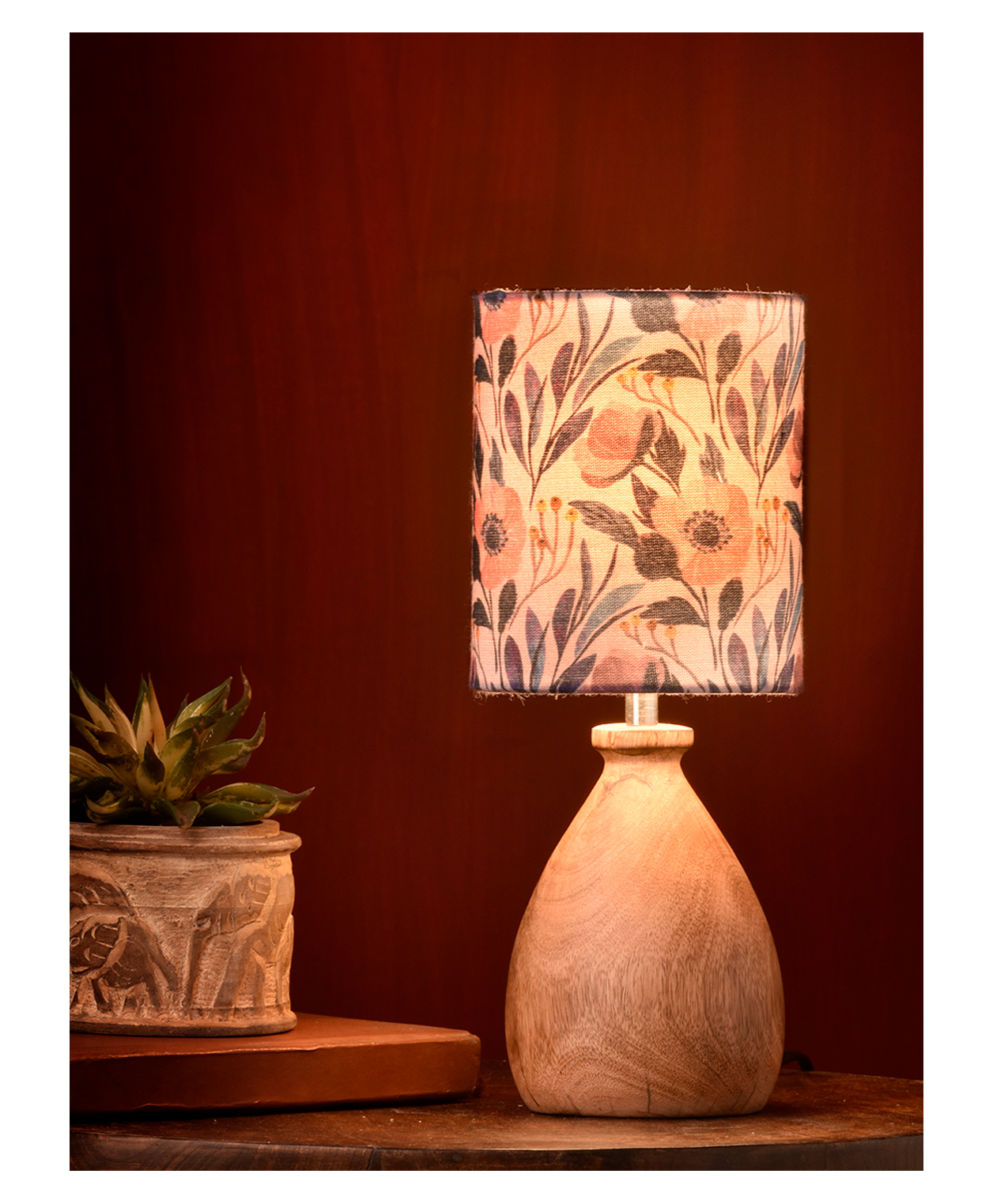 Green Girgit Wooden Dome Table Lamp Pink Floral Shade-image-13