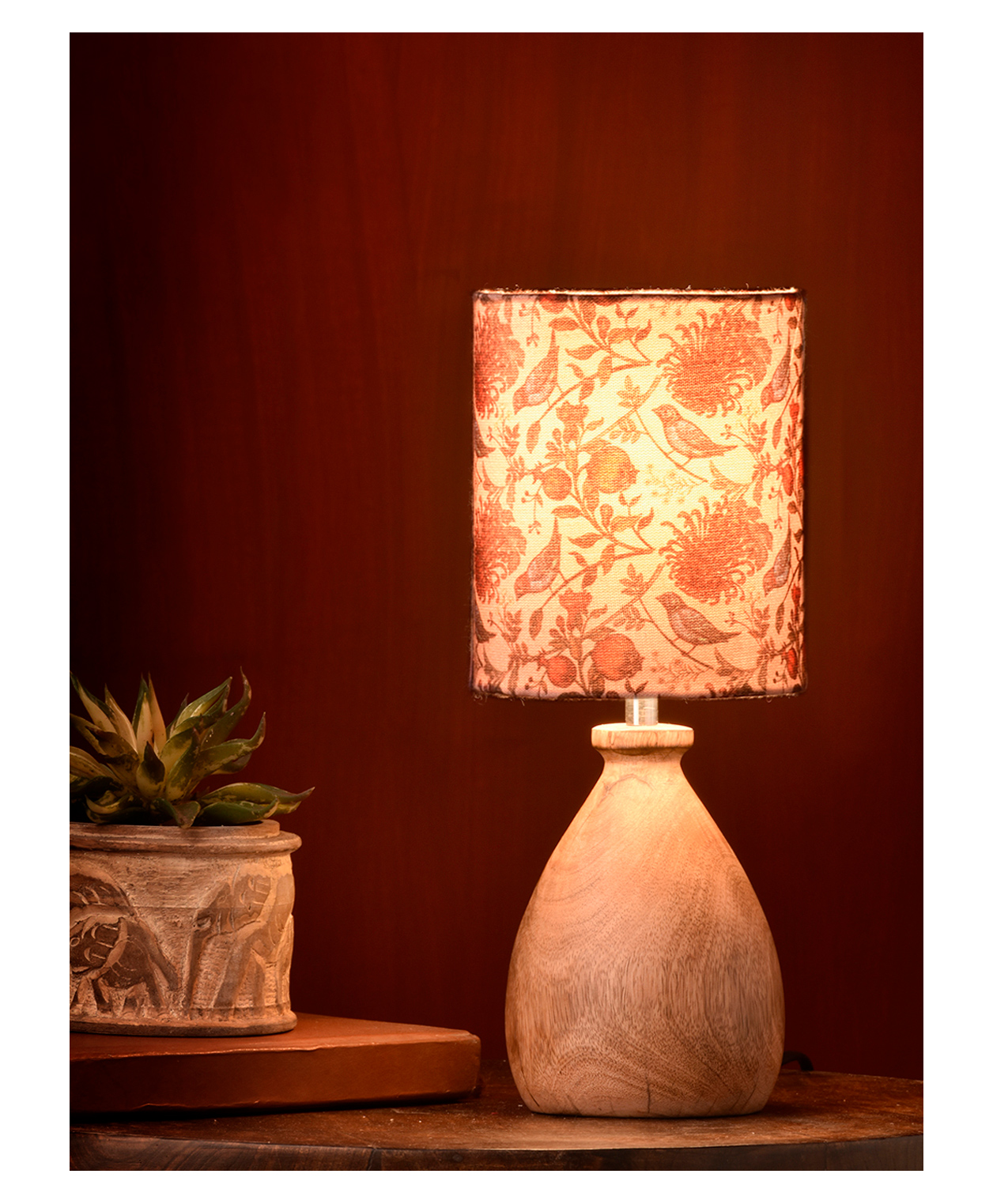 Green Girgit Wooden Dome Table Lamp Bird Printed Shade-image-8