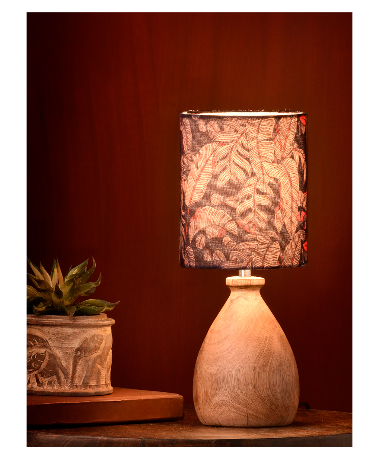 Green Girgit Wooden Dome Table Lamp Blue Leaves Shade-image-2