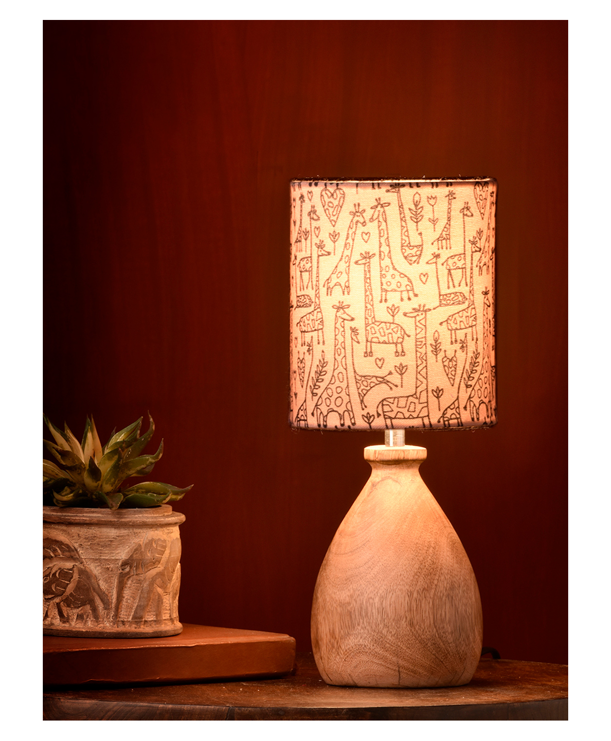 Green Girgit Wooden Dome Table Lamp Animal Printed Shade-image-39