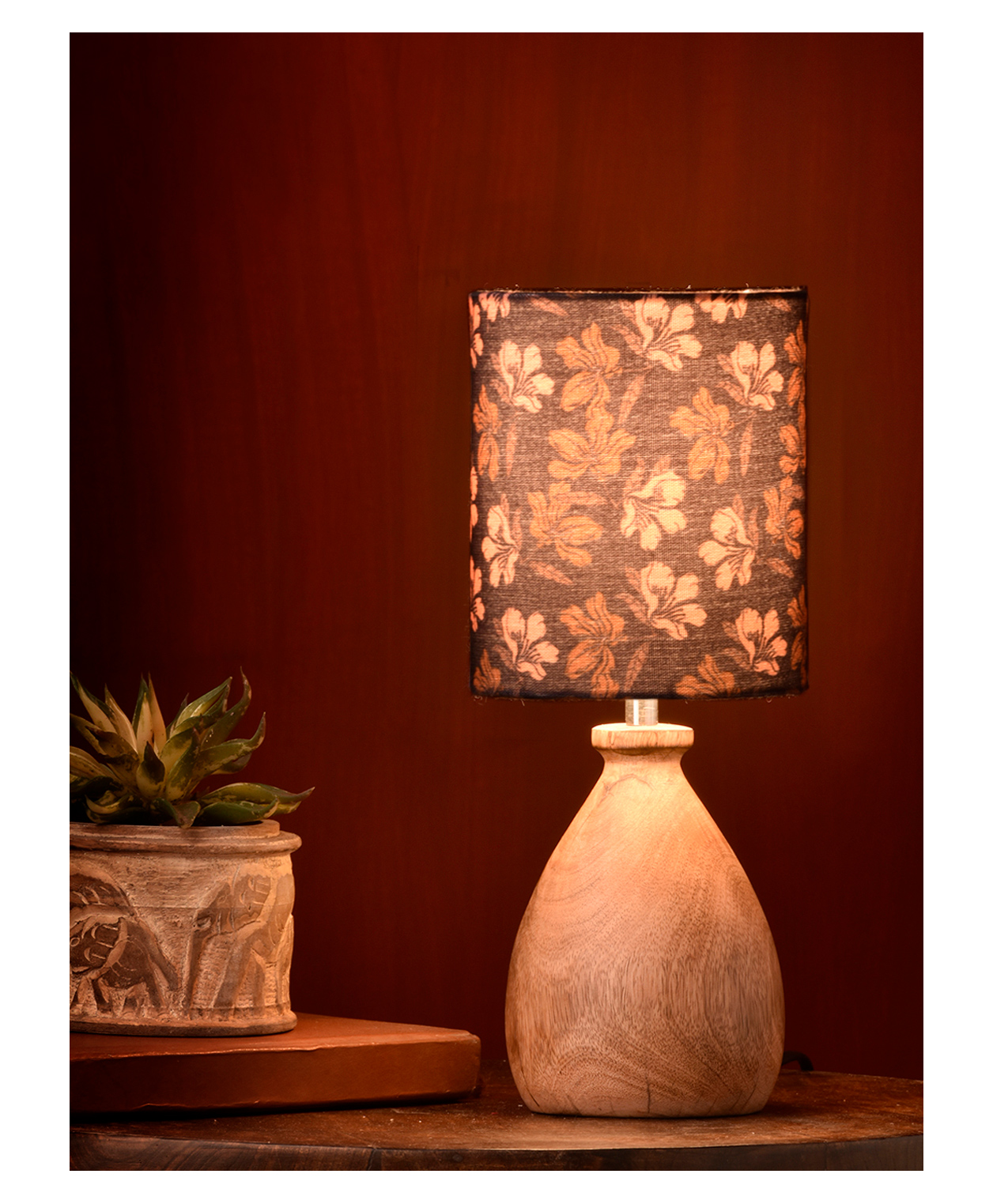 Green Girgit Wooden Dome Table Lamp Black Floral Shade-image-5