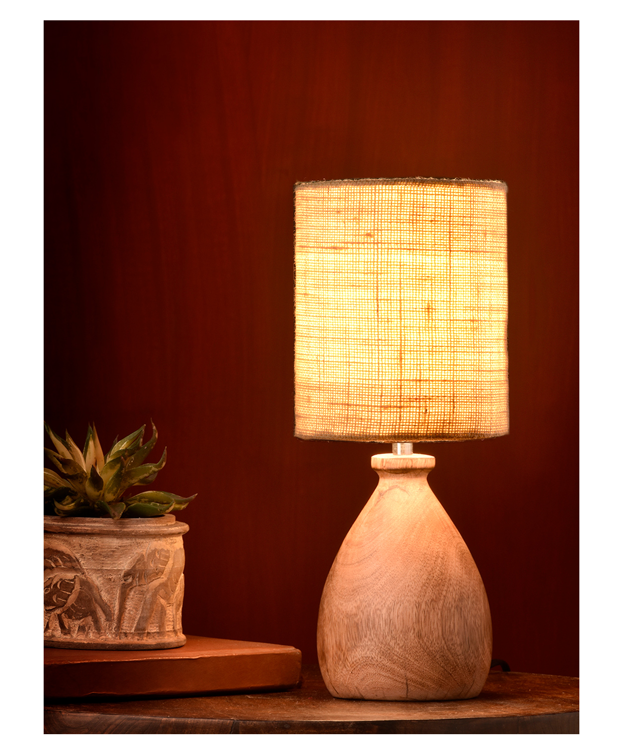Green Girgit Wooden Dome Table Lamp with Jute White Shade-image-43