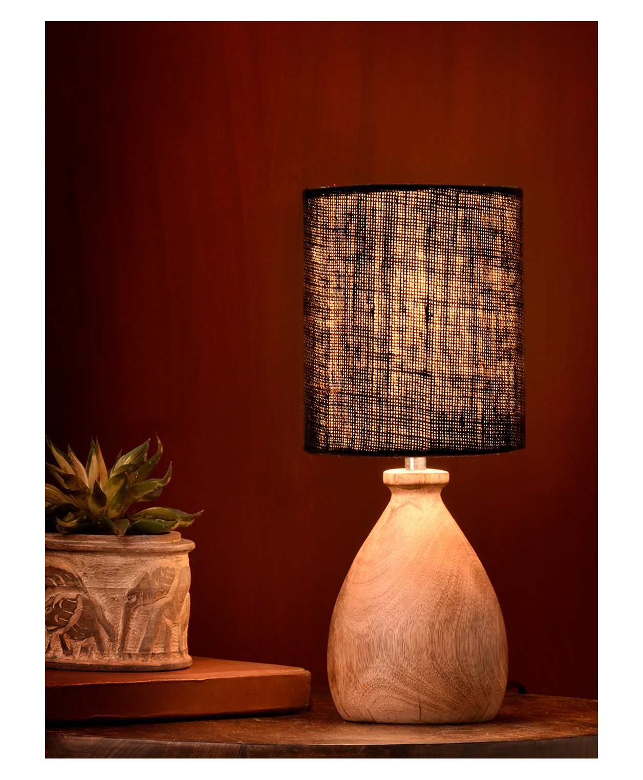 Green Girgit Wooden Dome Table Lamp with Jute Black Shade-image-4
