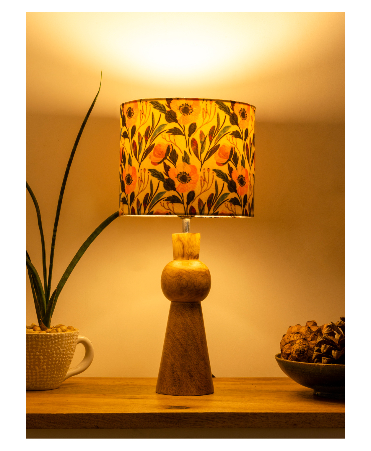 Green Girgit Wooden Skirt Lamp with Multicolor Pink Flowers Shade-image-17
