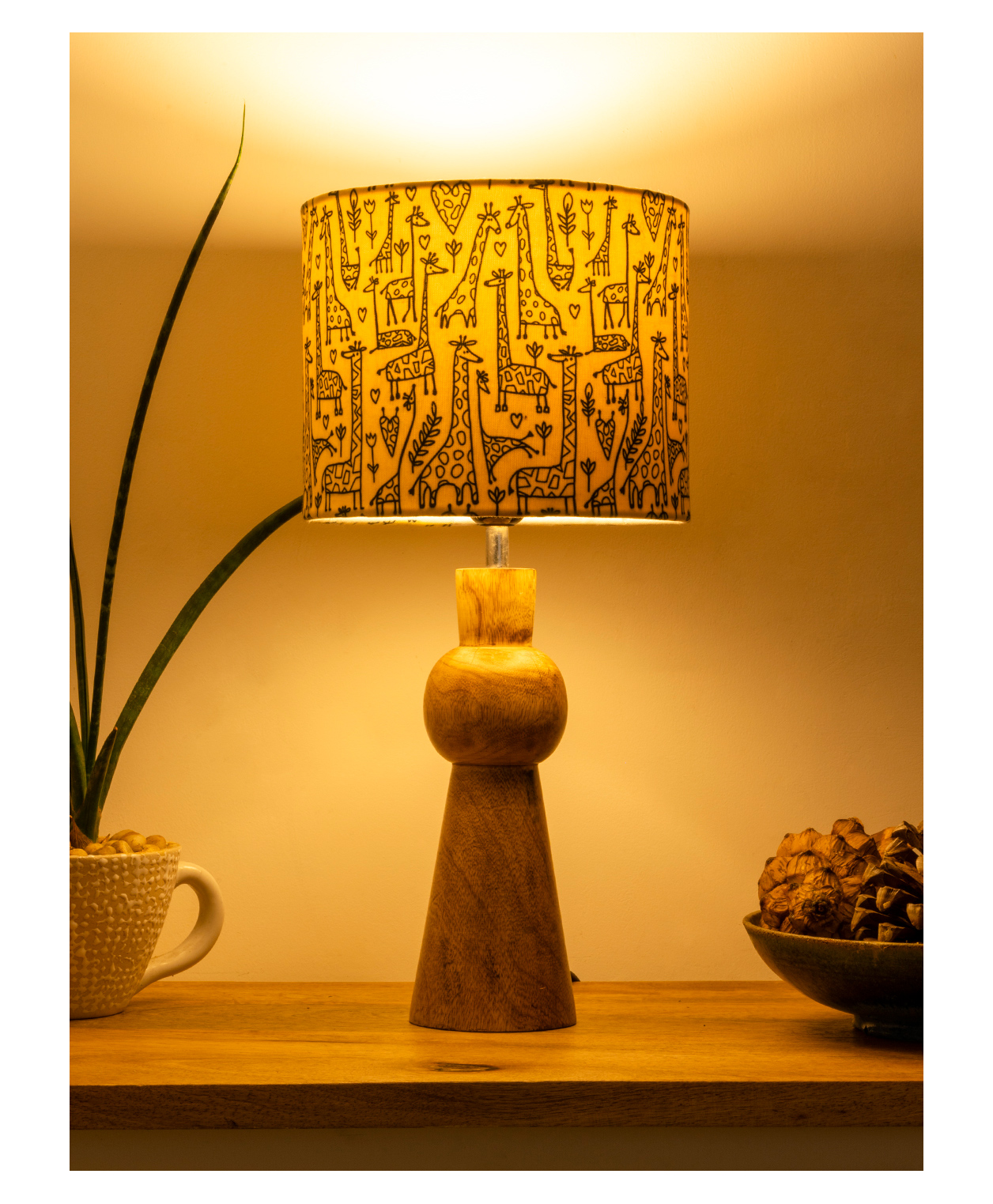 Green Girgit Wooden Skirt Lamp with Multicolor Animal Print Shade-image-8