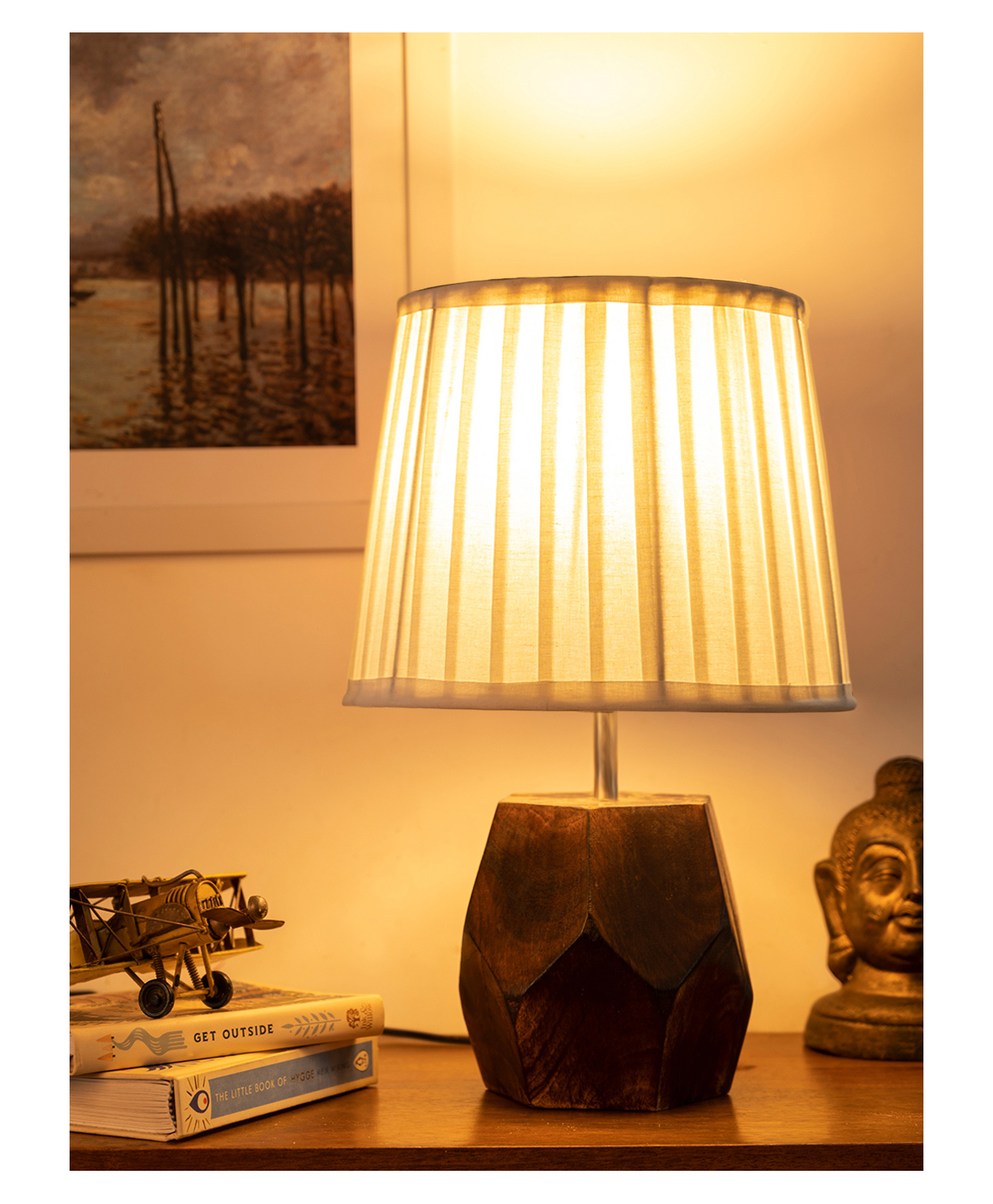 Green Girgit Wooden Hexa Lamp with Pleeted Cotton White Shade-image-11