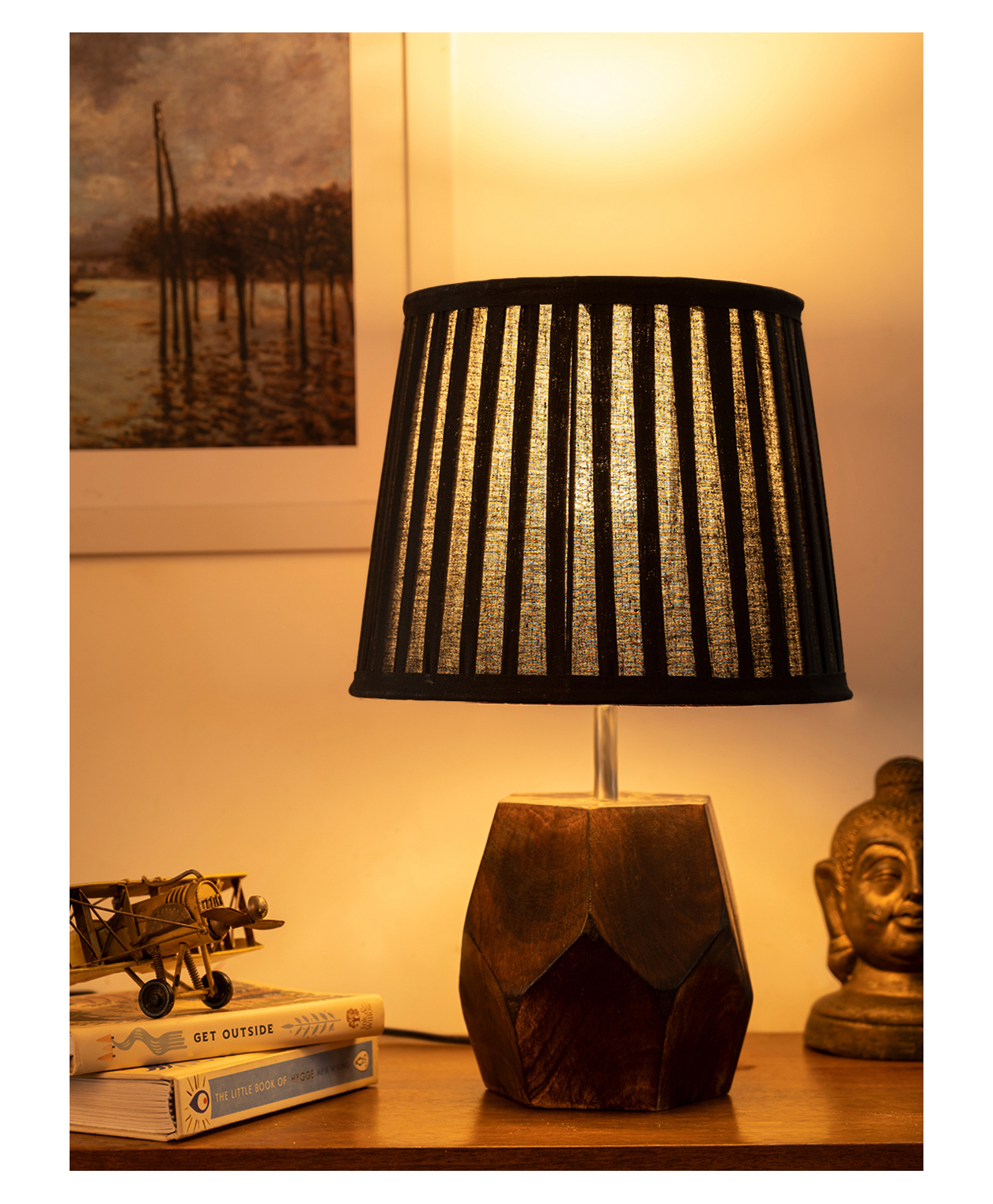 Green Girgit Wooden Hexa Lamp with Pleeted Cotton Black Shade-image-12