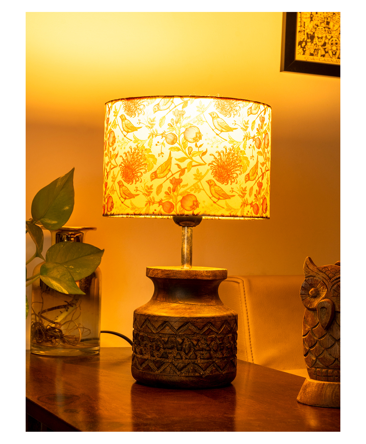 Green Girgit Wooden Carved Lamp with Birdy Multicolor Shade-image-26