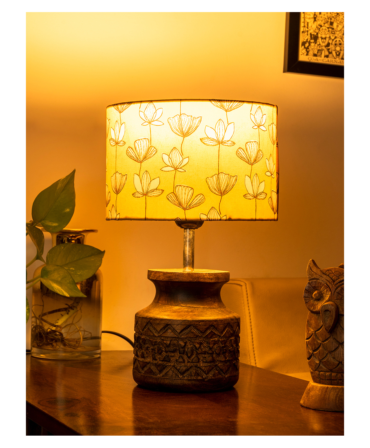 Green Girgit Wooden Carved Lamp with Mustard Flora Multicolor Shade-image-13