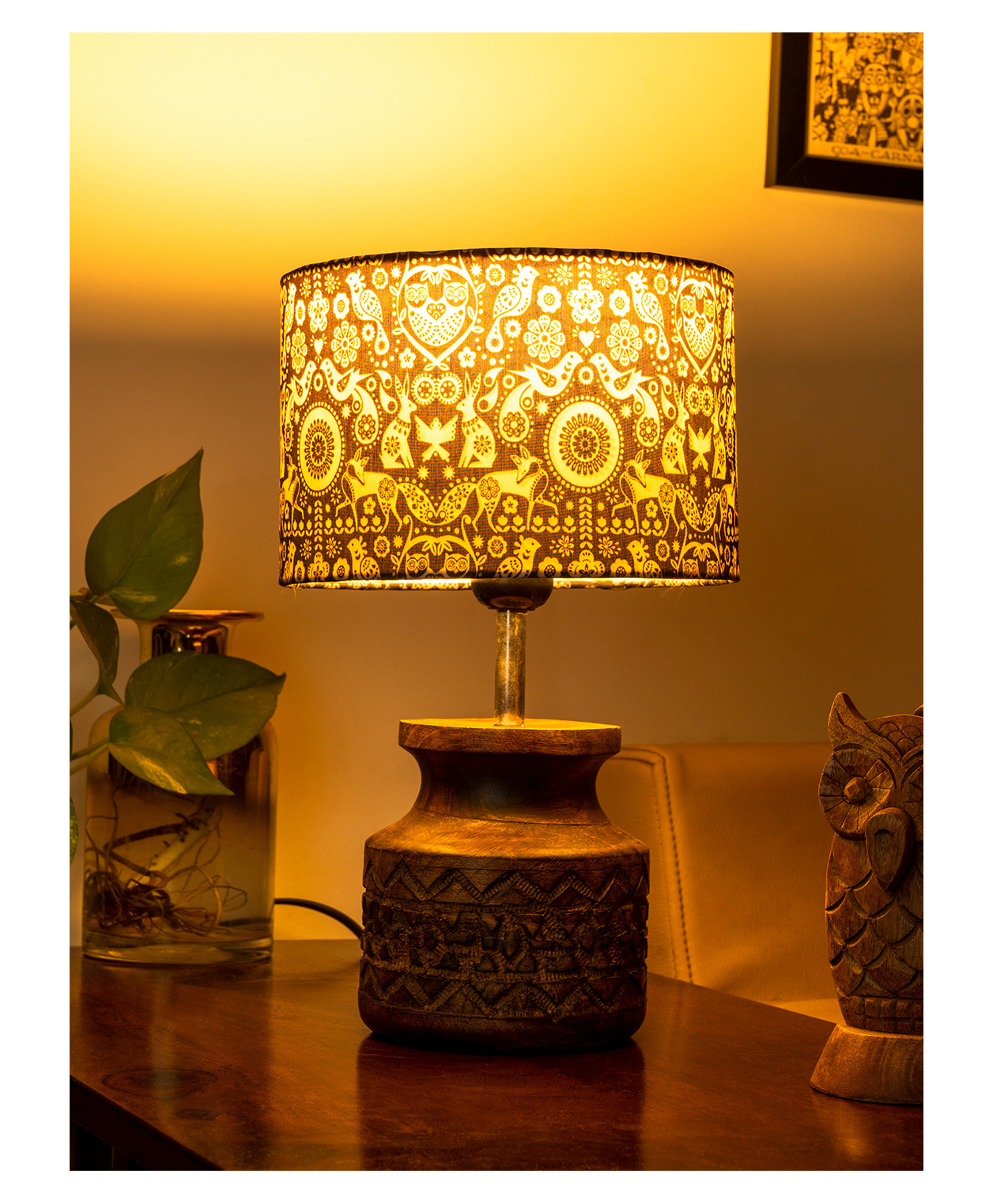 Green Girgit Wooden Carved Lamp with Indian Art Multicolor Shade-image-14