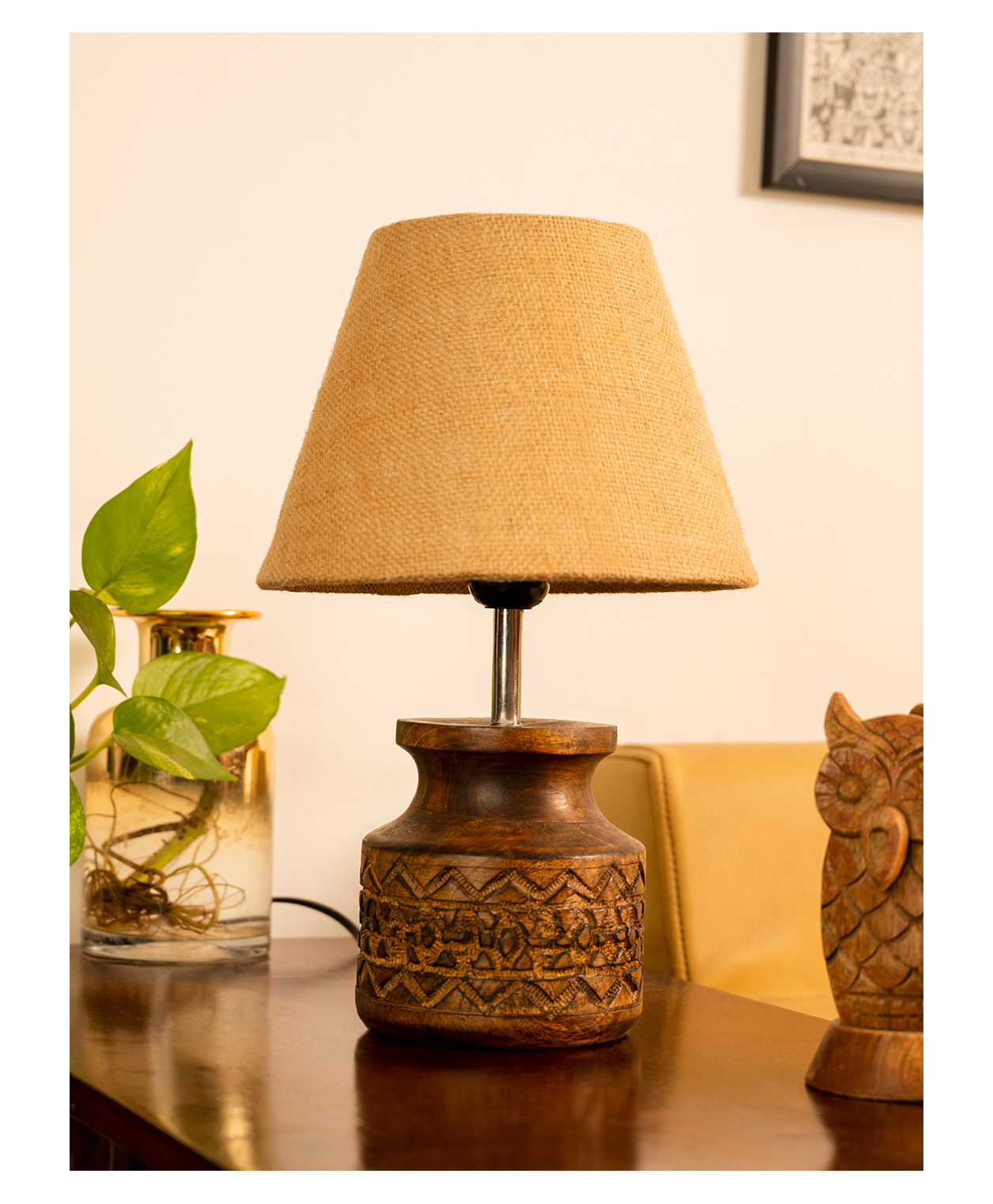 Green Girgit Wooden Carved Lamp with Taper Jute - Brown-picture-26