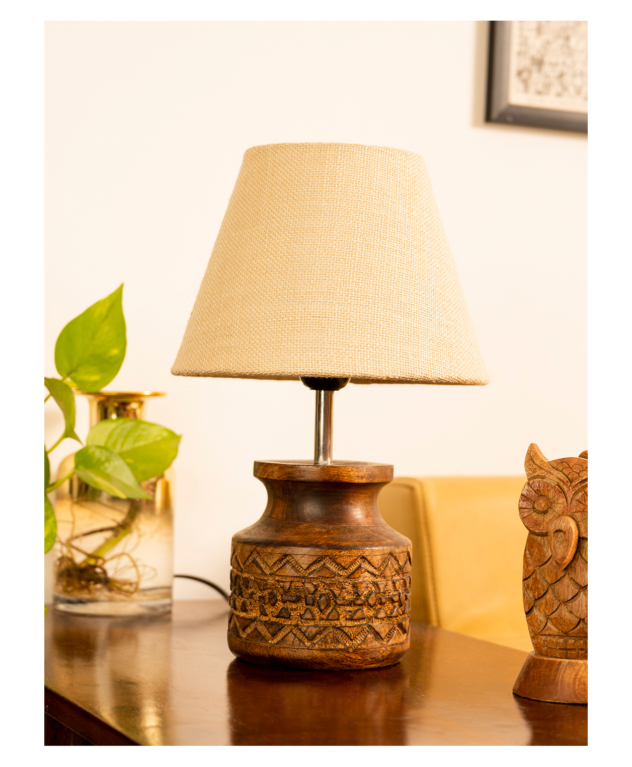 Green Girgit Wooden Carved Lamp with Taper Jute - White-image-48