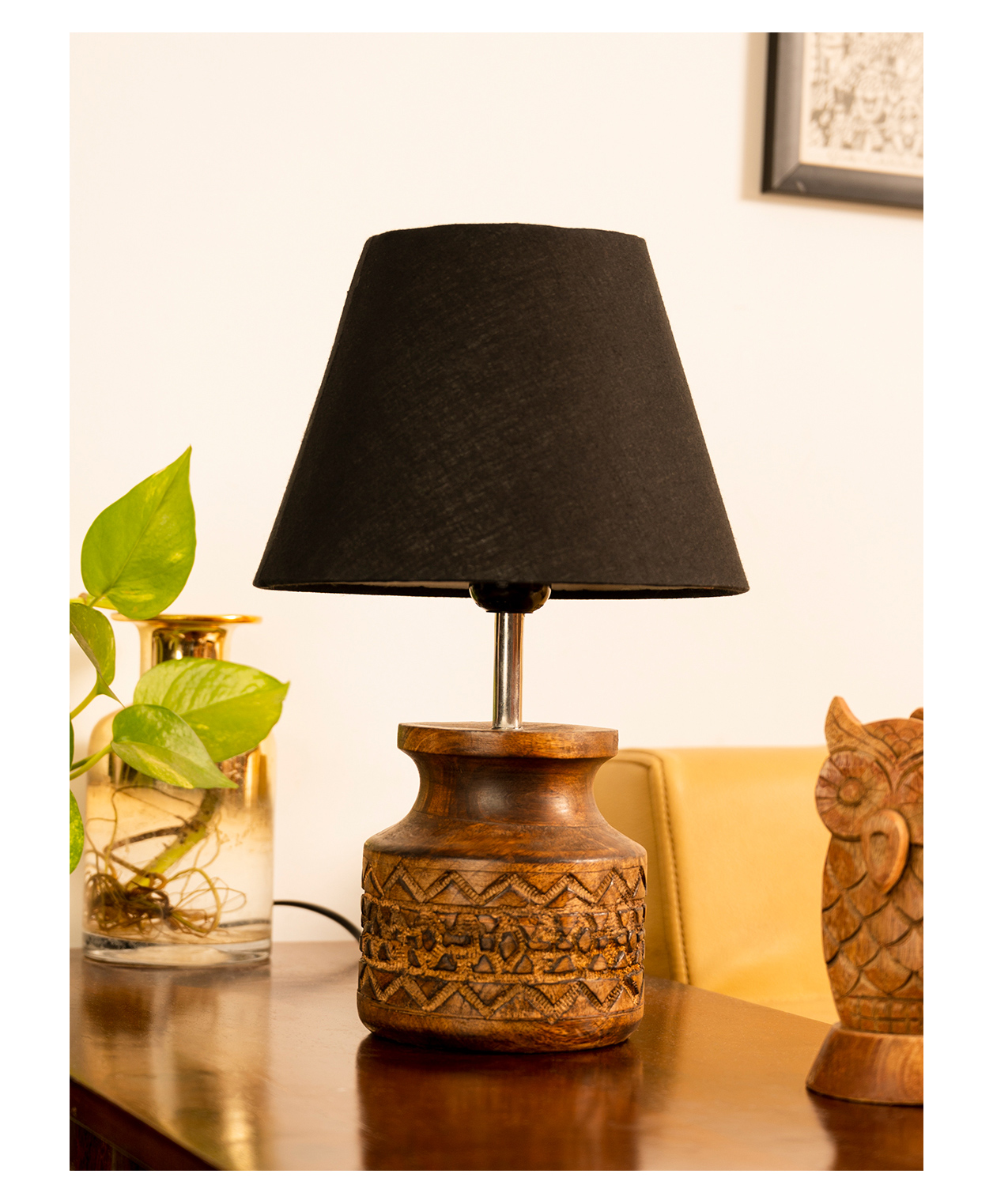 Green Girgit Wooden Carved Lamp with Taper Cotton - Black-image-49