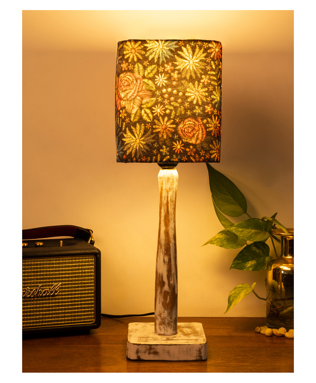 Green Girgit Curve Distress White Lamp with Black Flowers Shade-image-14