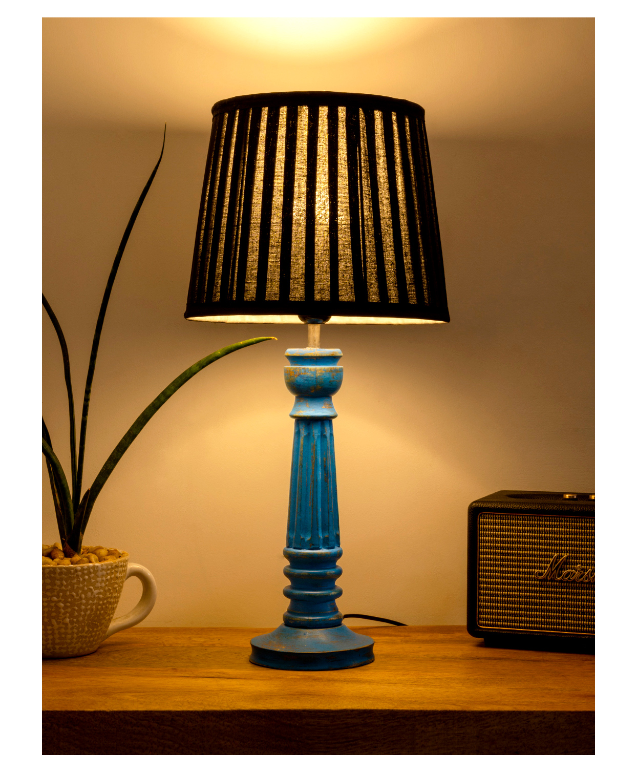 Green Girgit Wooden Pillar Blue Table Lamp With Pleeted Black Soft Shade-image-37