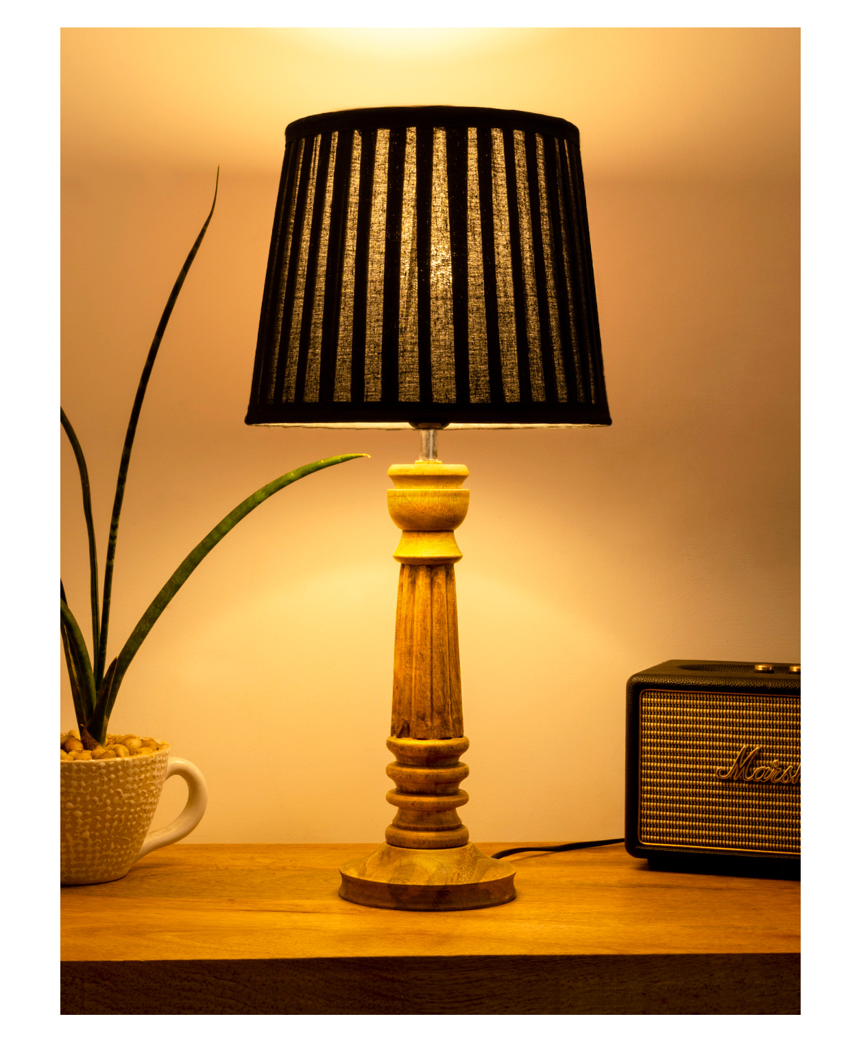 Green Girgit Wooden Pillar Brown Lamp with Pleeted Black Soft Shade-image-46