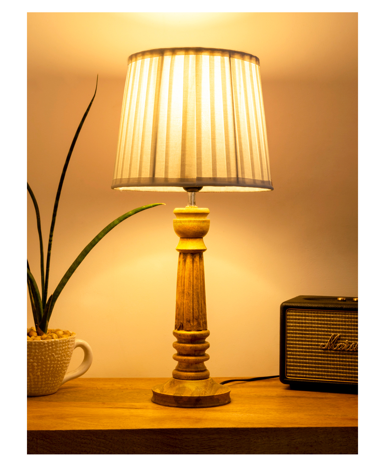 Green Girgit Wooden Pillar Brown Lamp with Pleeted White Soft Shade-image-47