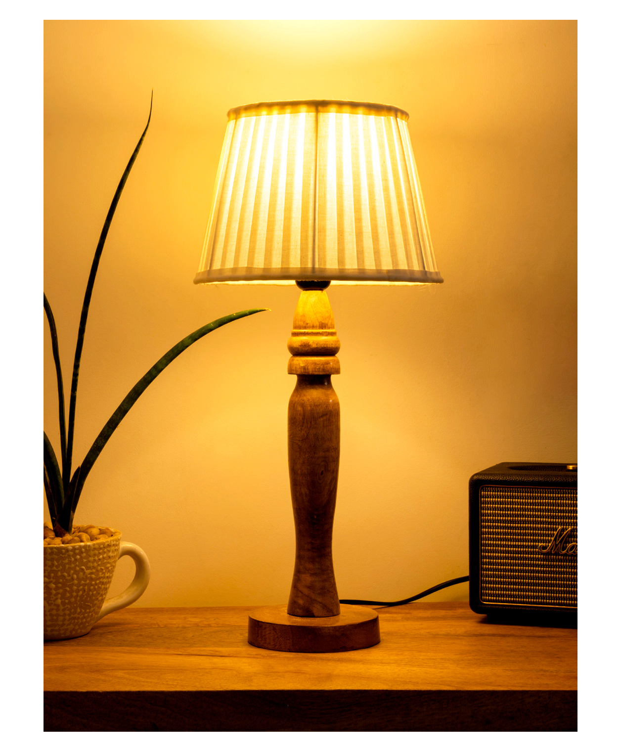 Green Girgit Wooden Round Brown Lamp with Pleeted White Taper soft Shade-image-48