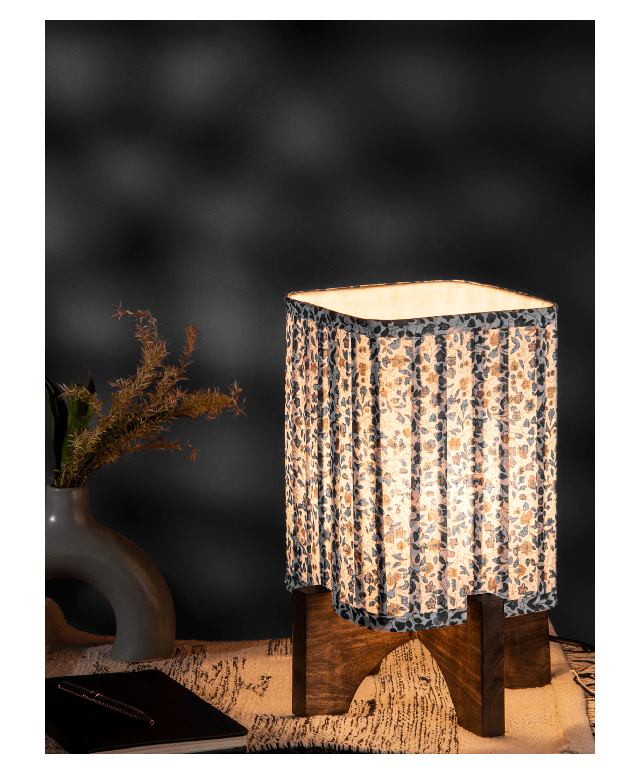 Green Girgit Wooden Brown Base Lamp with Pleeted Blue Tinyleaves Soft Shade-image-35