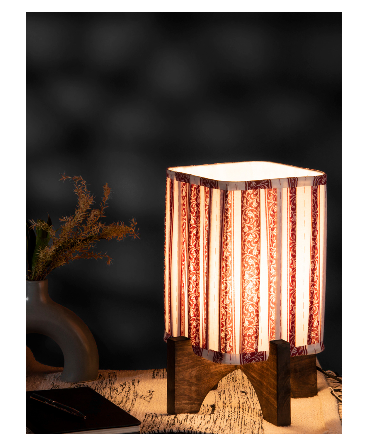 Green Girgit Wooden Brown Base Lamp with pleeted Red Leafyprint Soft Shade-picture-13