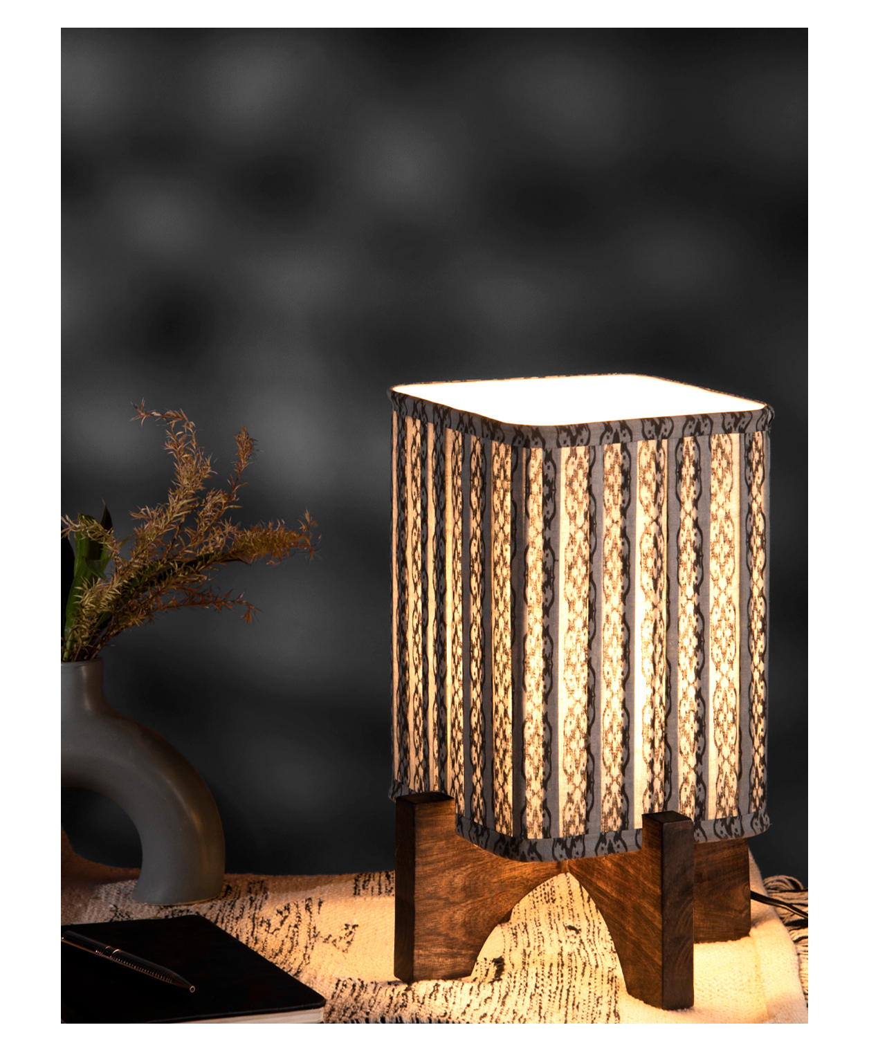 Green Girgit Wooden Brown Base Lamp with pleeted Grey Chainprint Soft Shade-picture-33