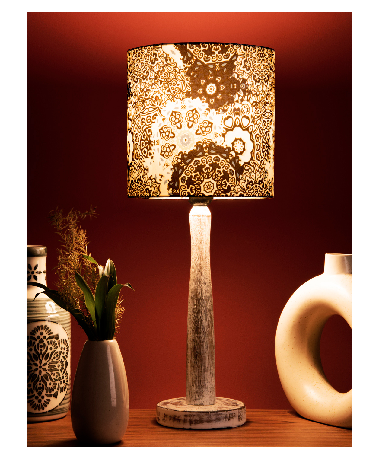Green Girgit Distress White Wooden Lamp with Blue Batik Print Shade-image-5