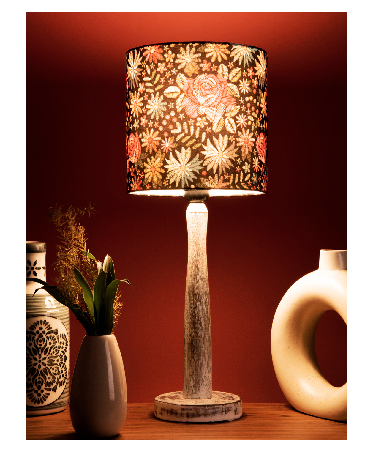 Green Girgit Distress White Wooden Lamp with Black Floral Stitch Shade-image-44