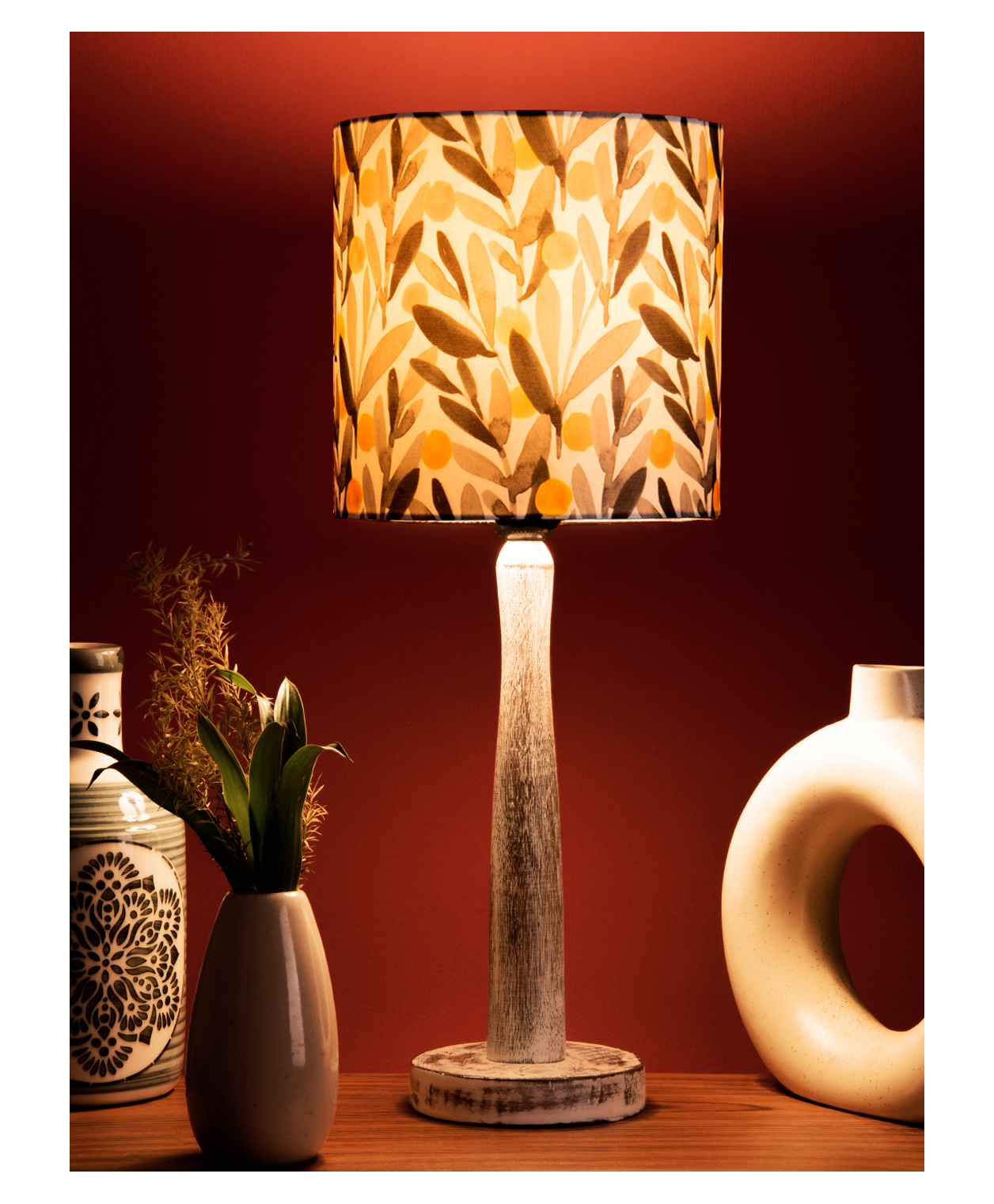 Green Girgit Distress White Wooden Lamp with Yellow Leaf Shade-image-1