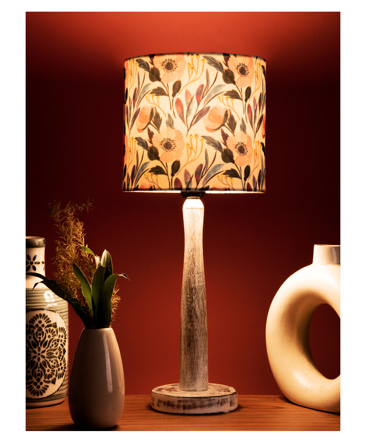Green Girgit Distress White Wooden Lamp with Pink Floral Shade-image-46