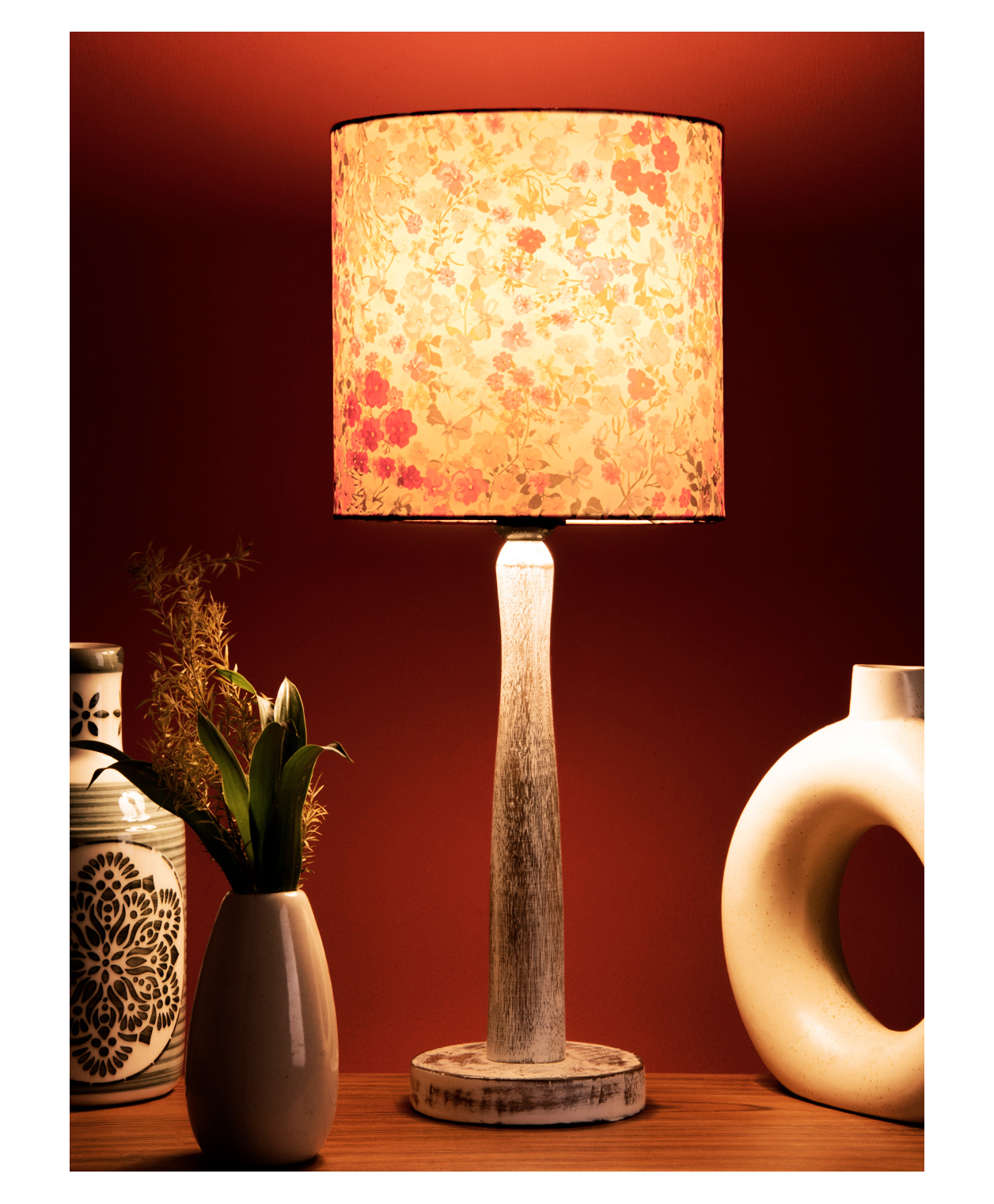 Green Girgit Distress White Wooden Lamp with Tiny Flowers Shade-image-43