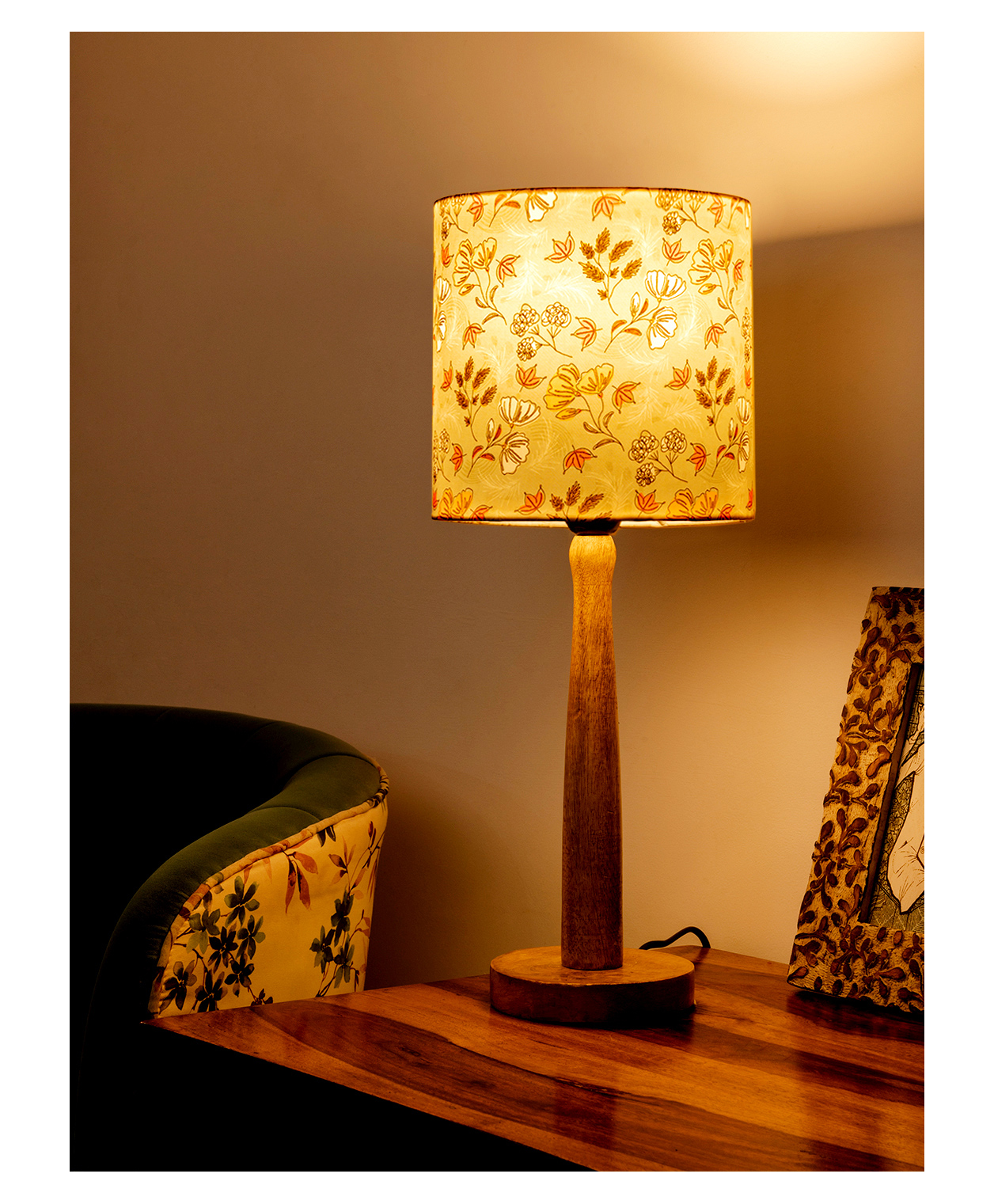 Green Girgit Wooden Brown Lamp with Blue Gardenia Shade-image-44