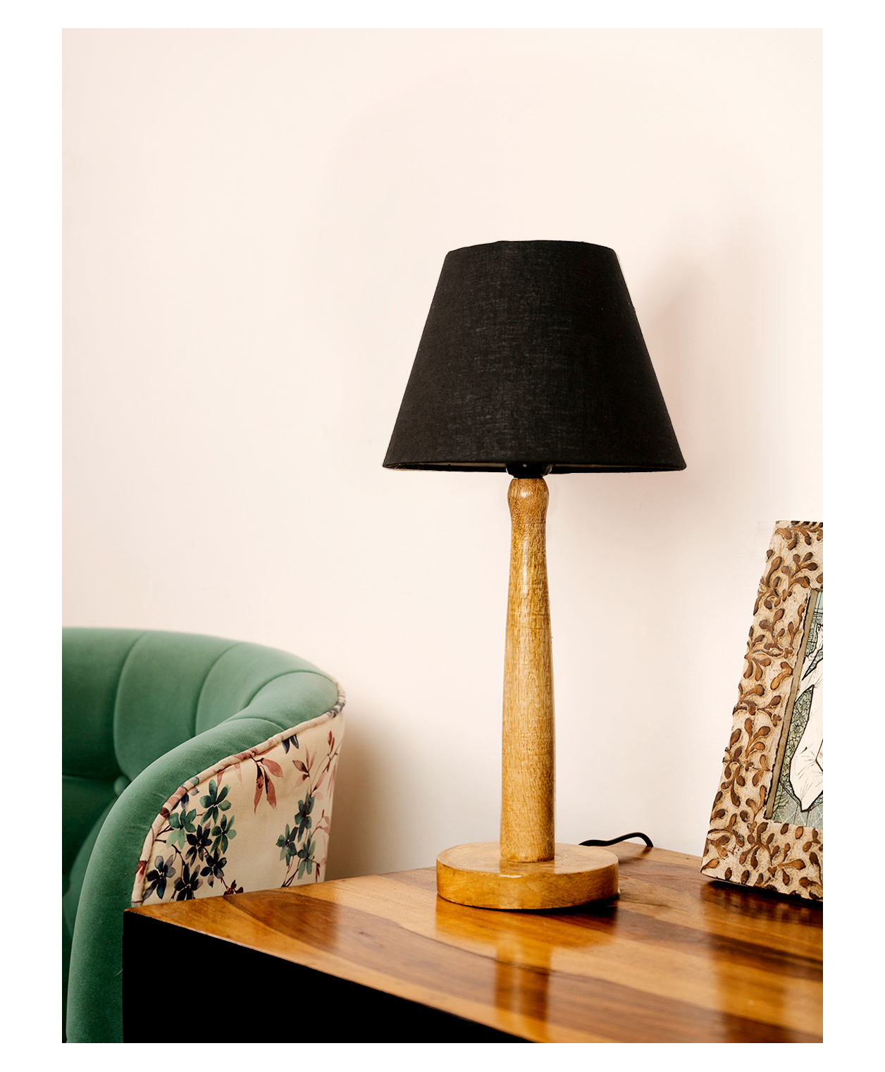 Green Girgit Wooden Brown Lamp with Taper Black Cotton Shade-image-37